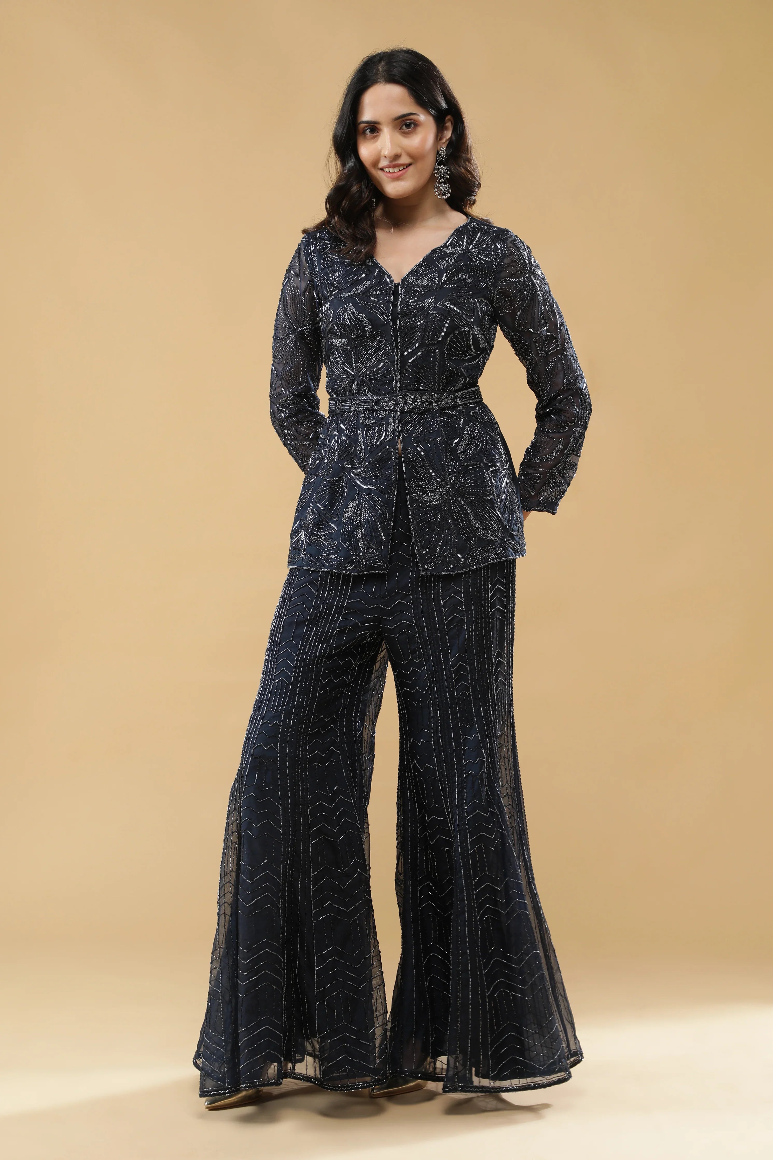 Navy Blue Organza Embroidered Top & Pants Set with Belt - Mokshaa