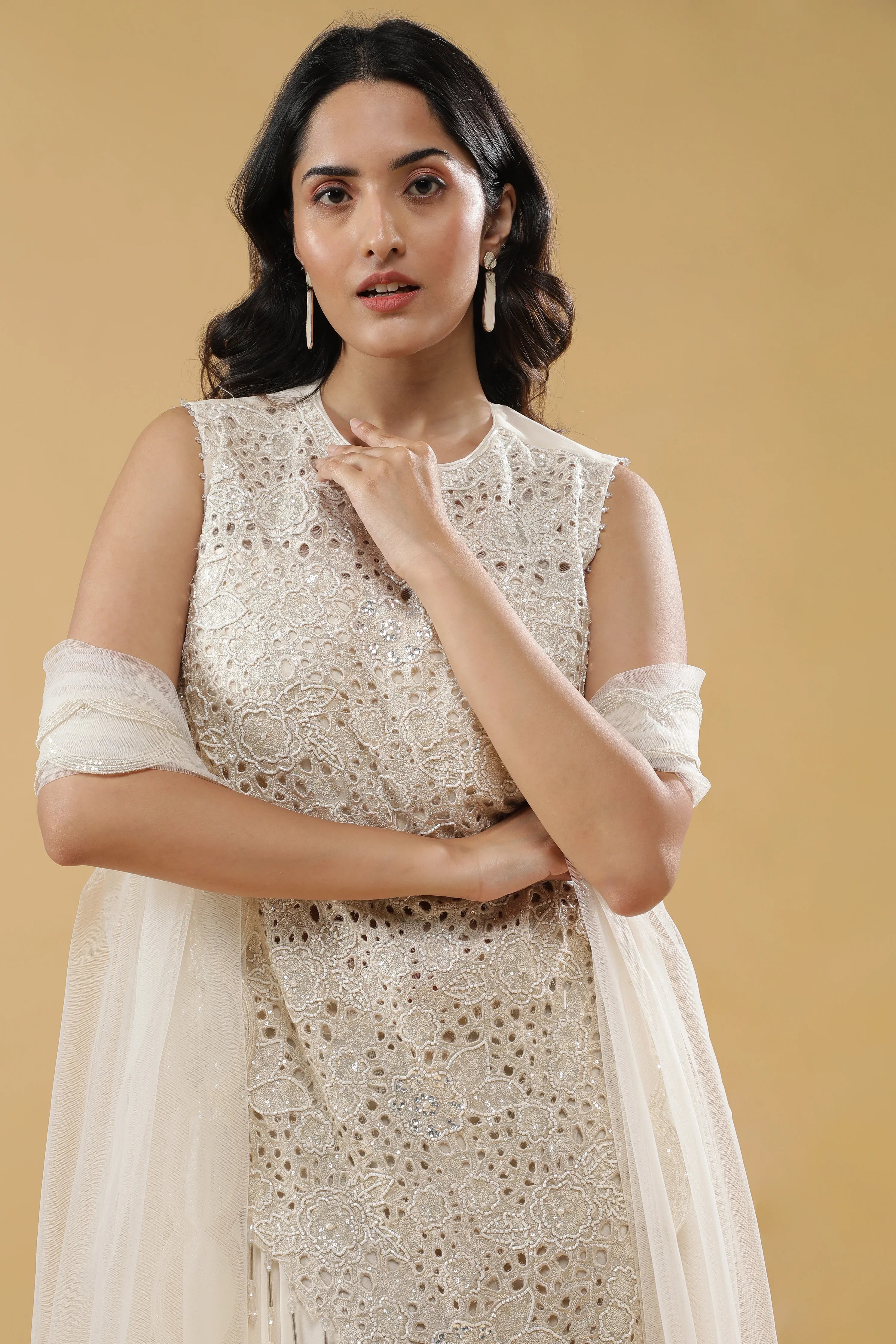 Cream Georgette Palazzo Set - Mokshaa