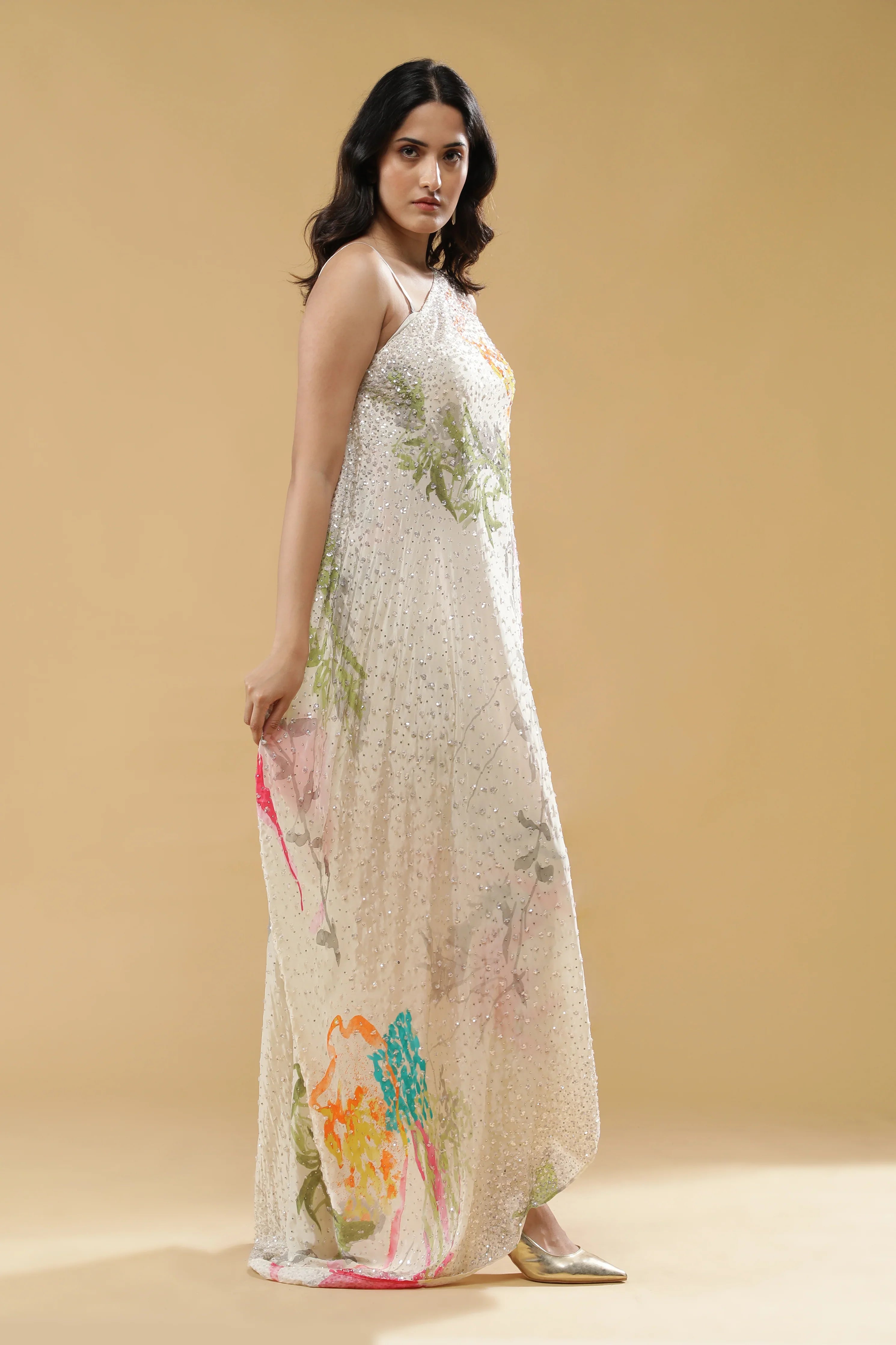 Cream Multi-Colour Printed Crepe Indo-Western Set - Mokshaa