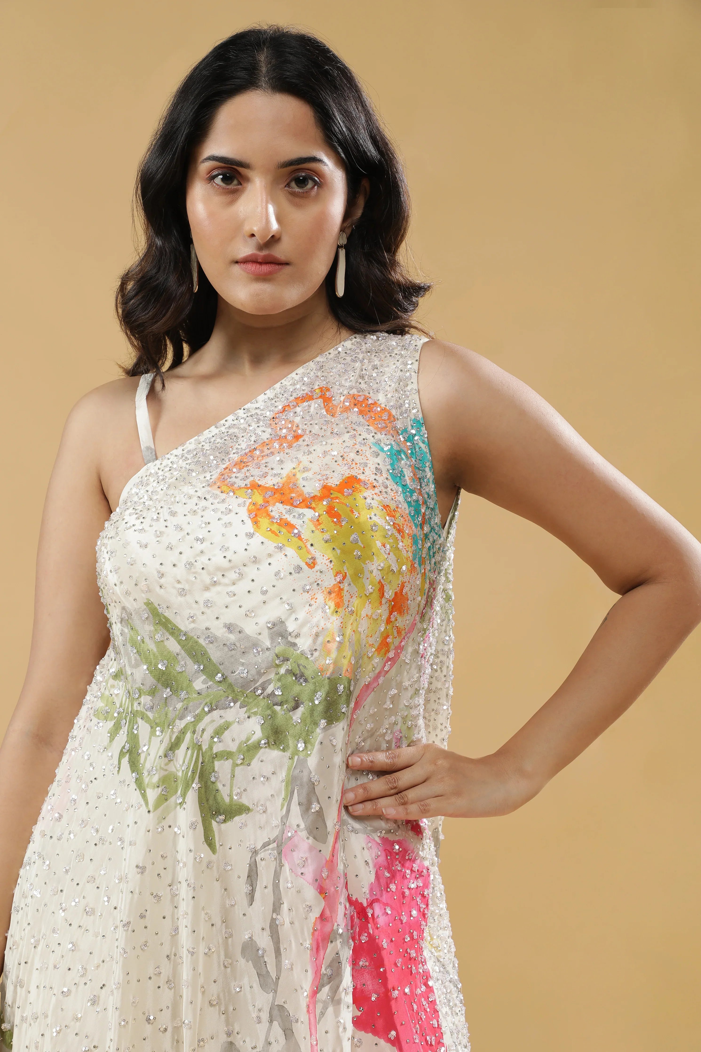 Cream Multi-Colour Printed Crepe Indo-Western Set - Mokshaa