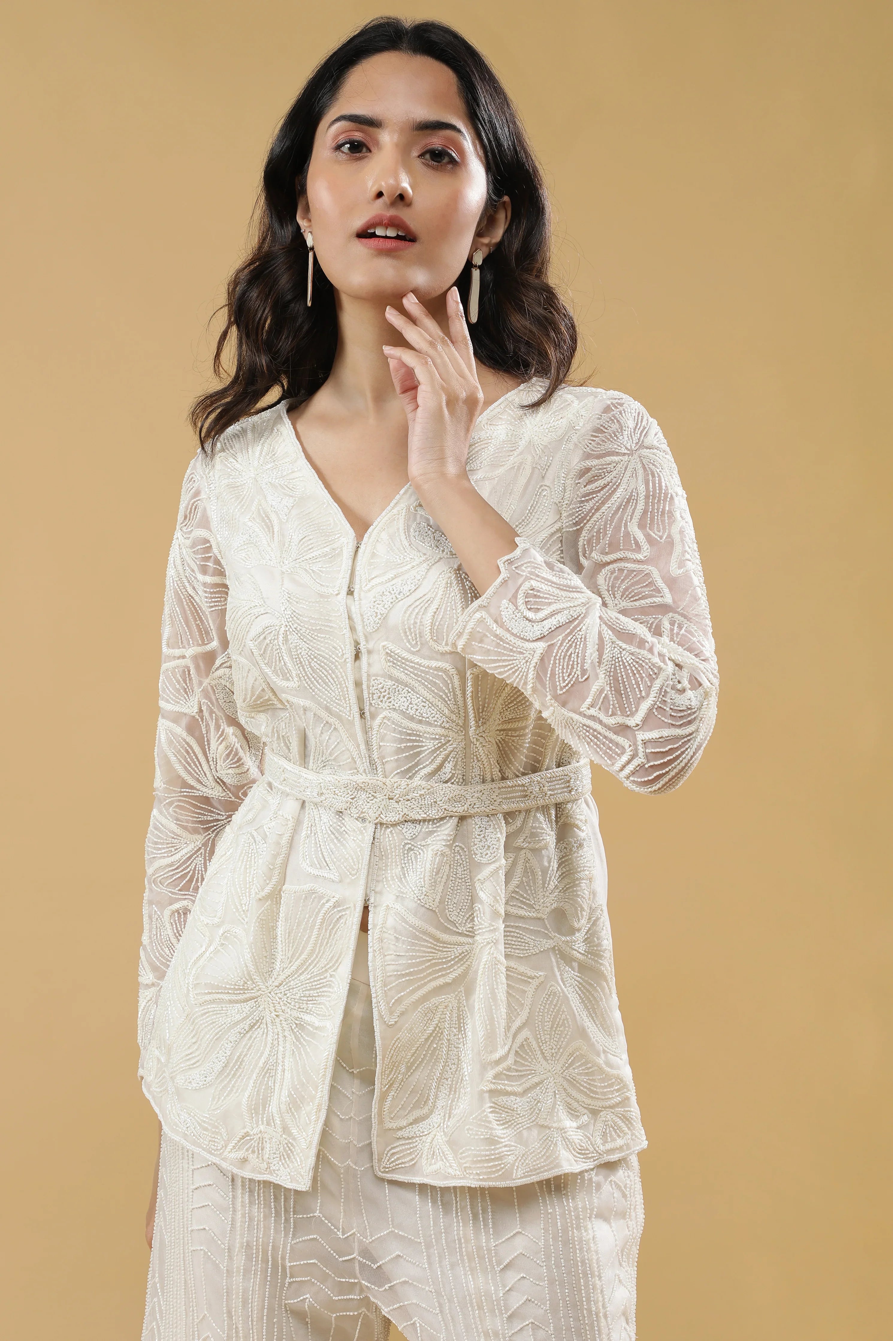 Off White Organza Embroidered Co-ord Set - Mokshaa