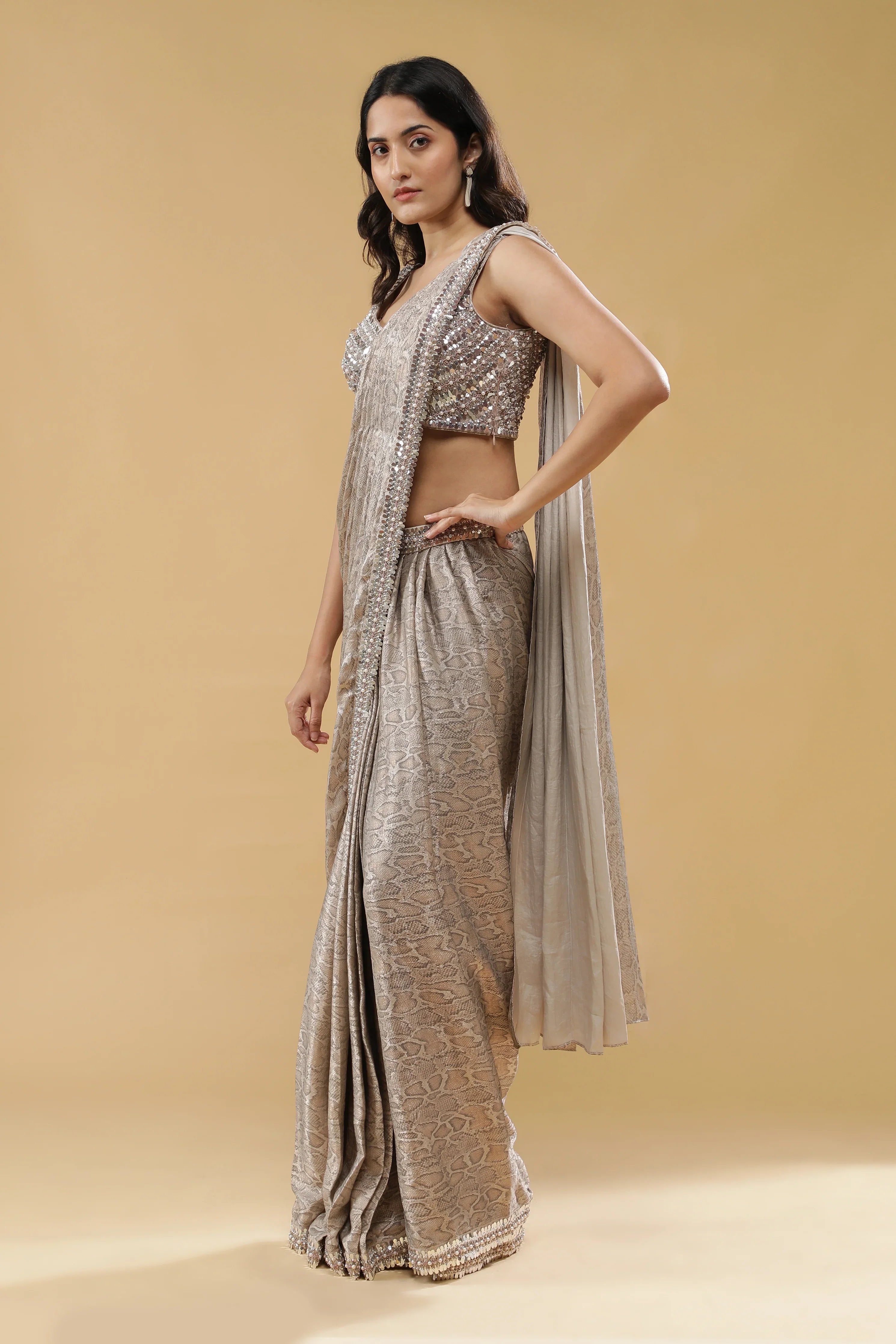 Champagne Printed Drape Saree - Mokshaa