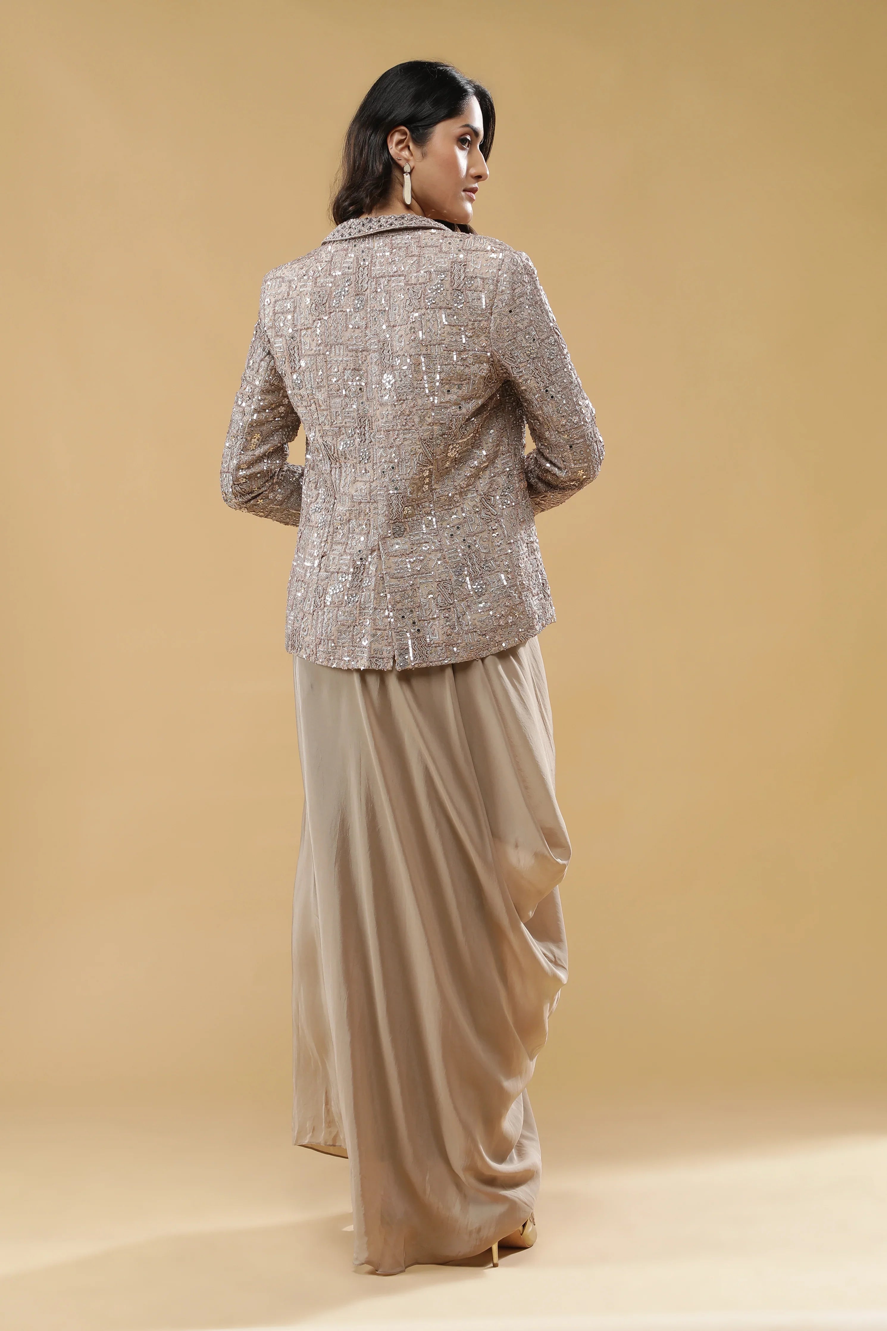 Champagne Gold Chinon Drape Skirt Set - Mokshaa