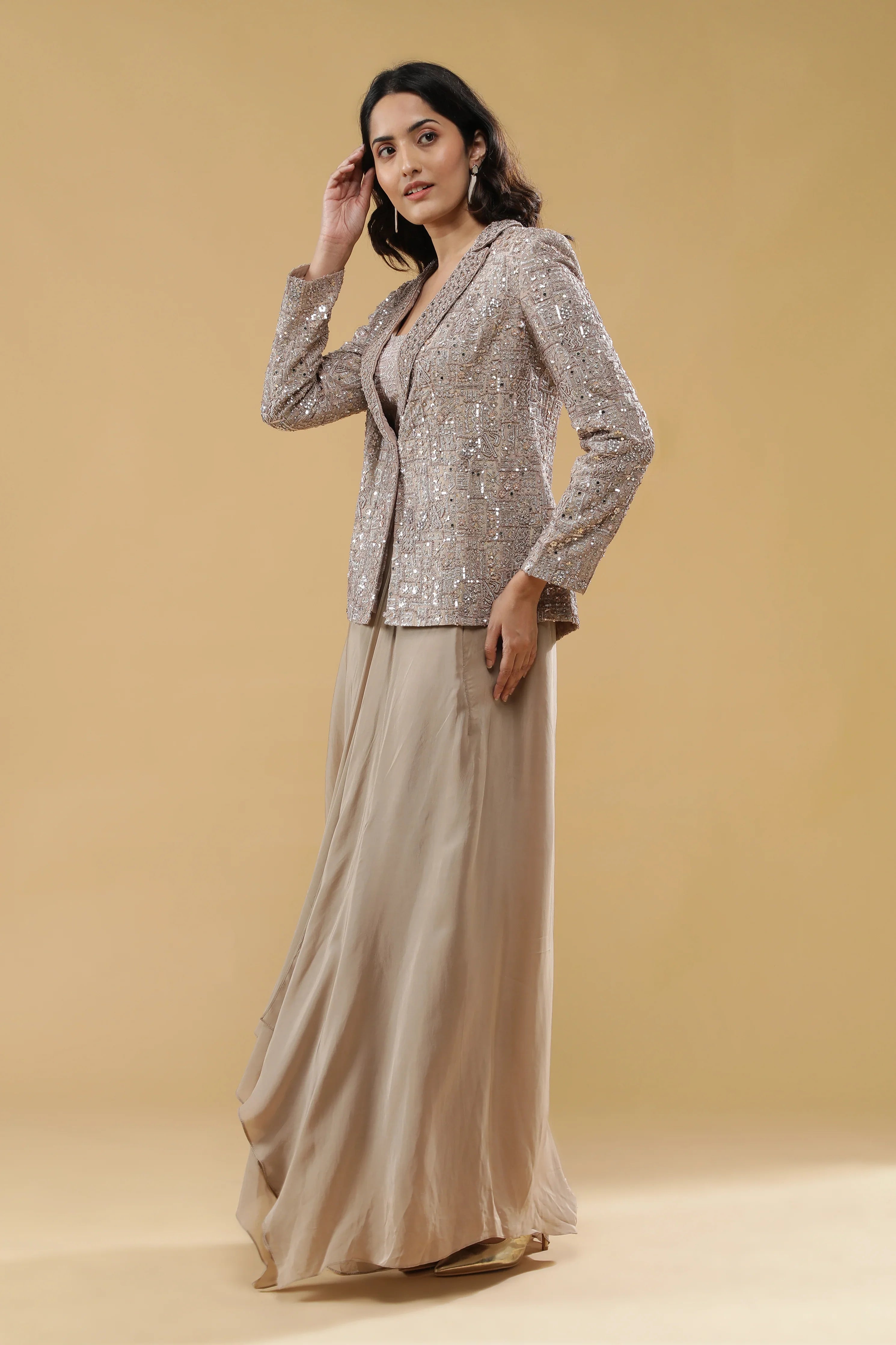 Champagne Gold Chinon Drape Skirt Set - Mokshaa