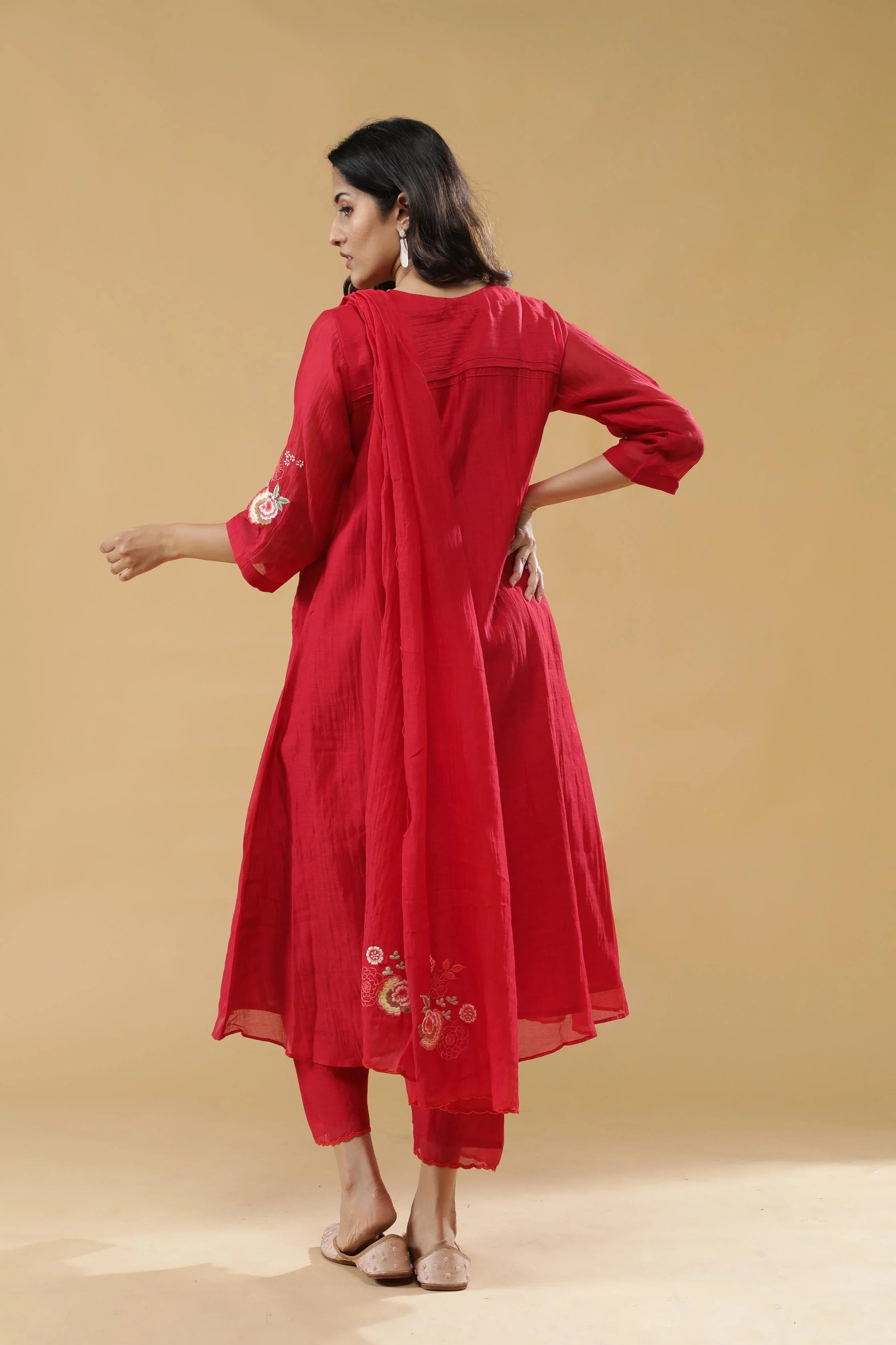 Red Chanderi Silk Straight-Cut Salwar Set - Mokshaa