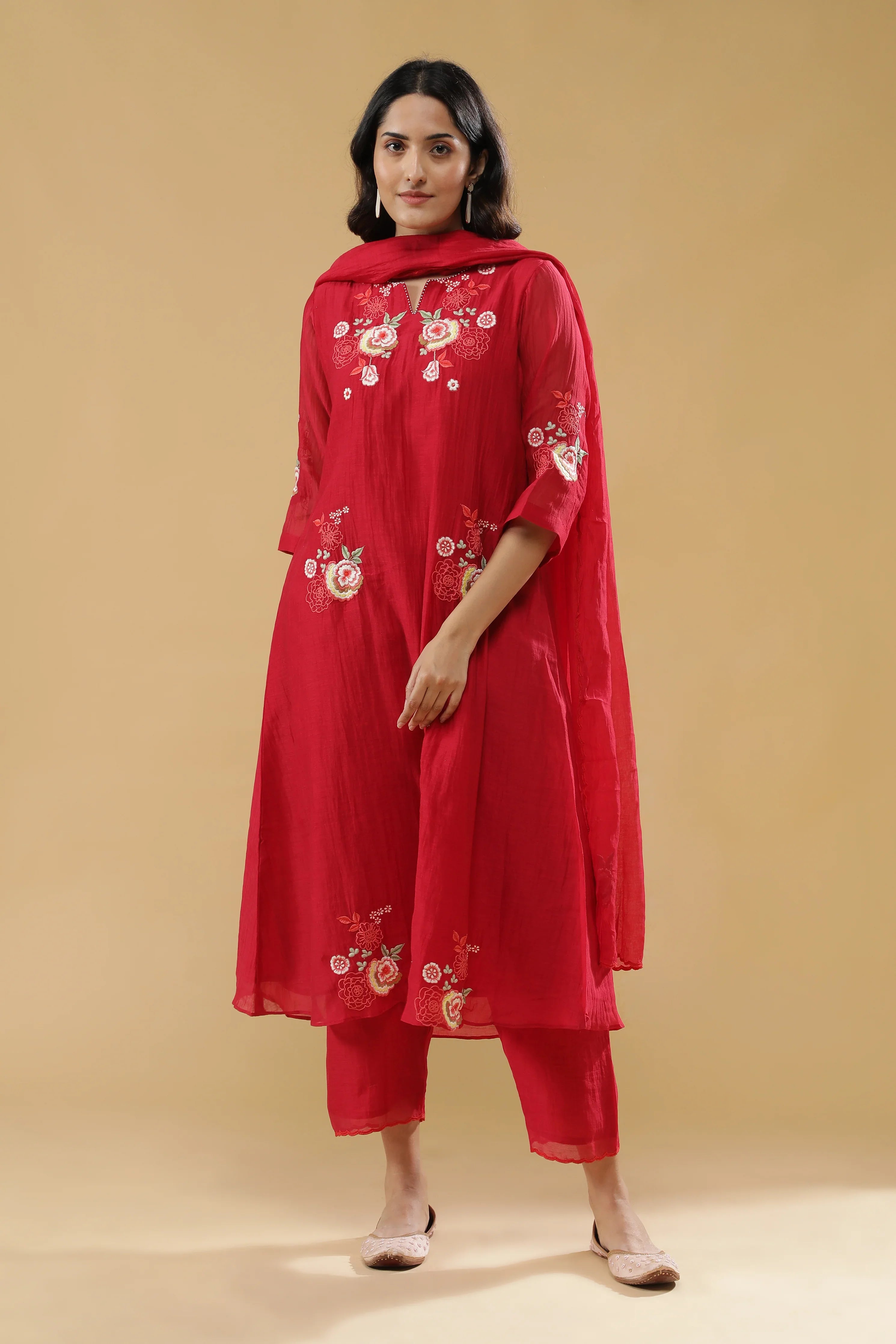 Red Chanderi Silk Straight-Cut Salwar Set - Mokshaa