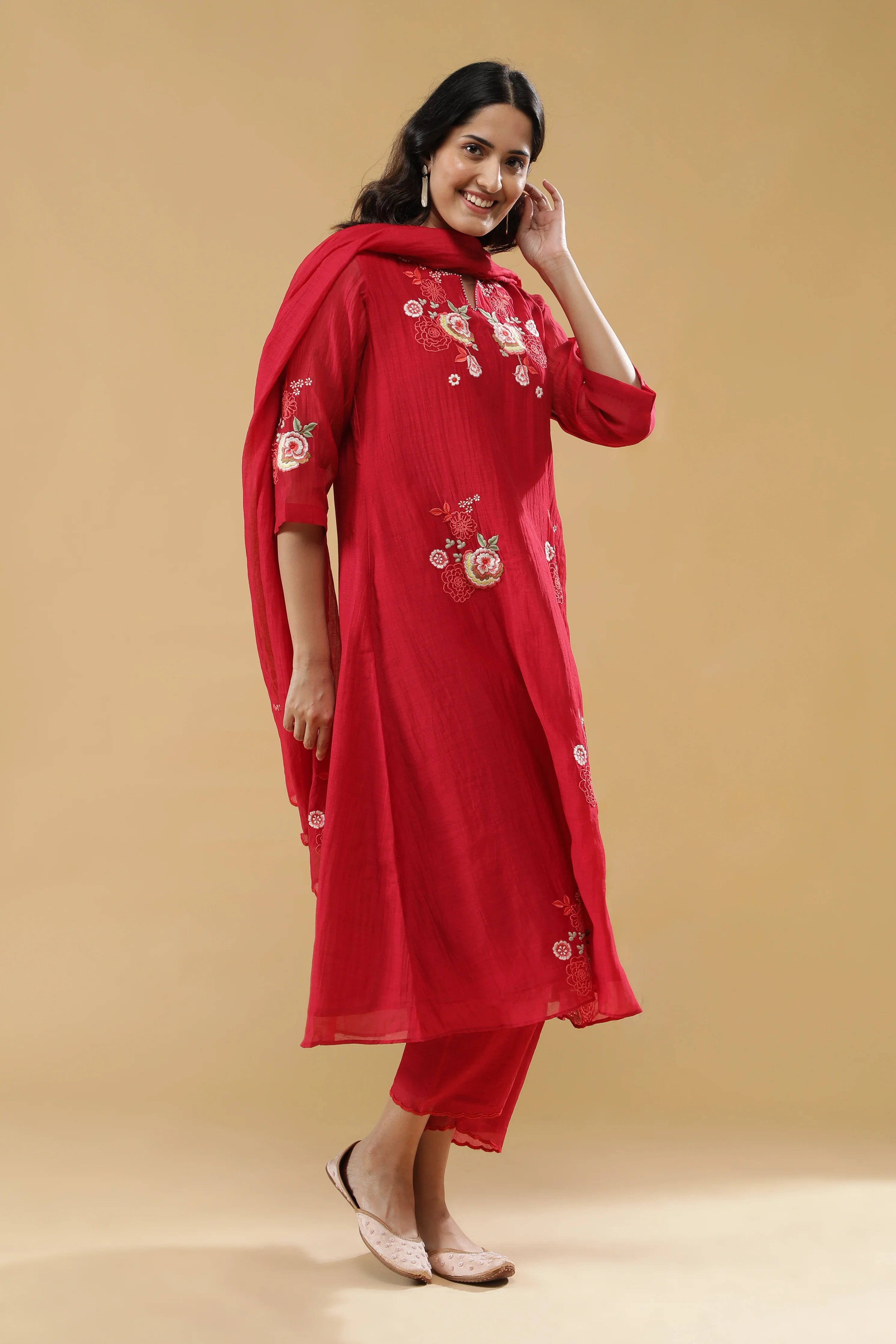 Red Chanderi Silk Straight-Cut Salwar Set - Mokshaa