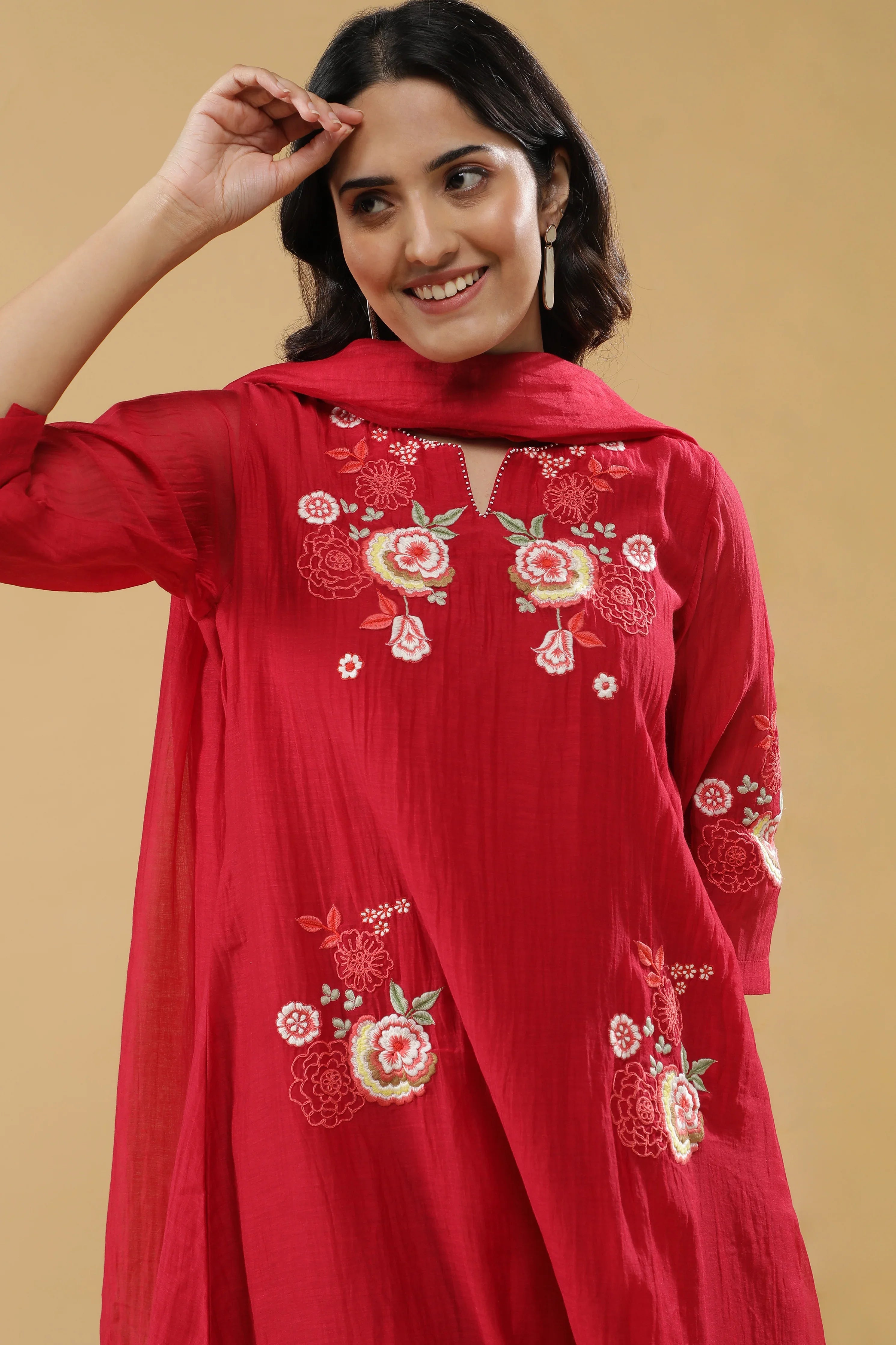Red Chanderi Silk Straight-Cut Salwar Set - Mokshaa