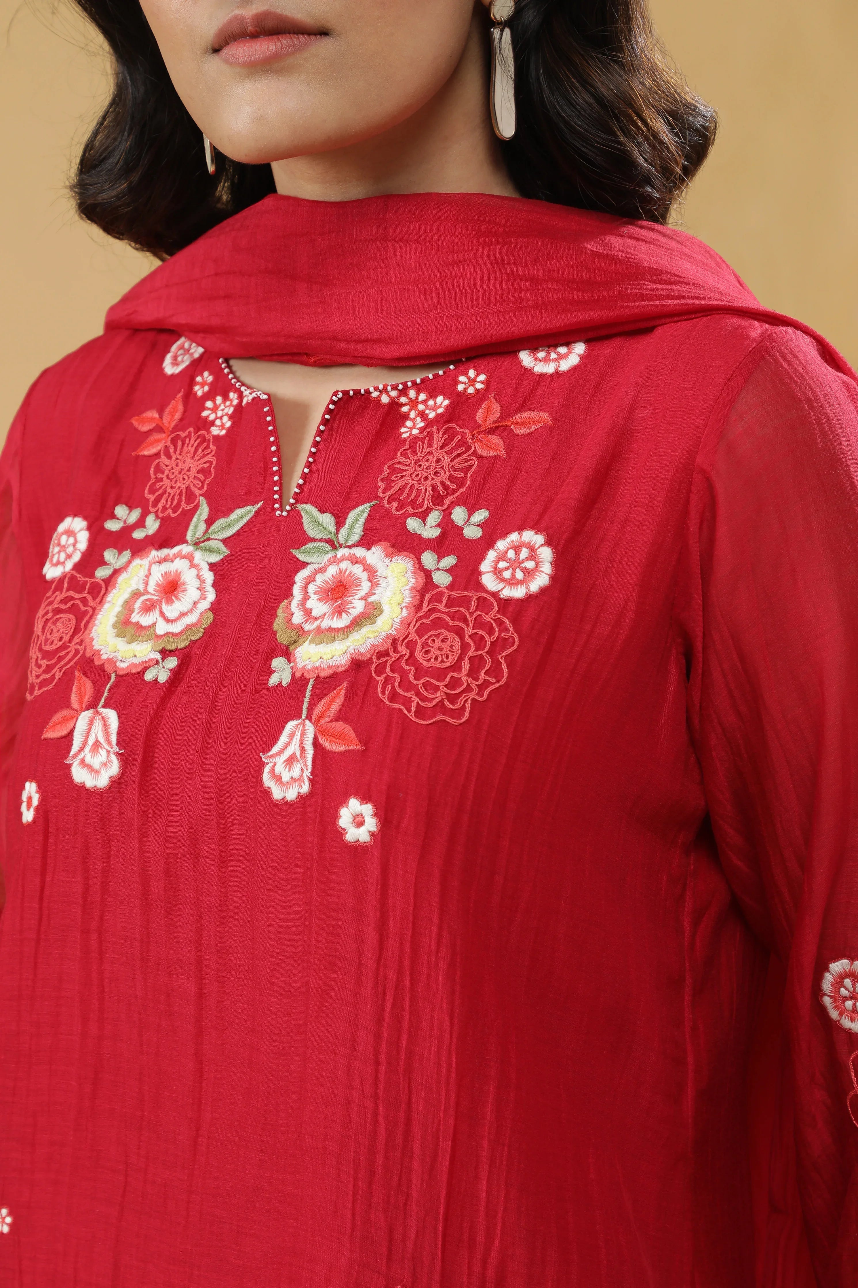 Red Chanderi Silk Straight-Cut Salwar Set - Mokshaa