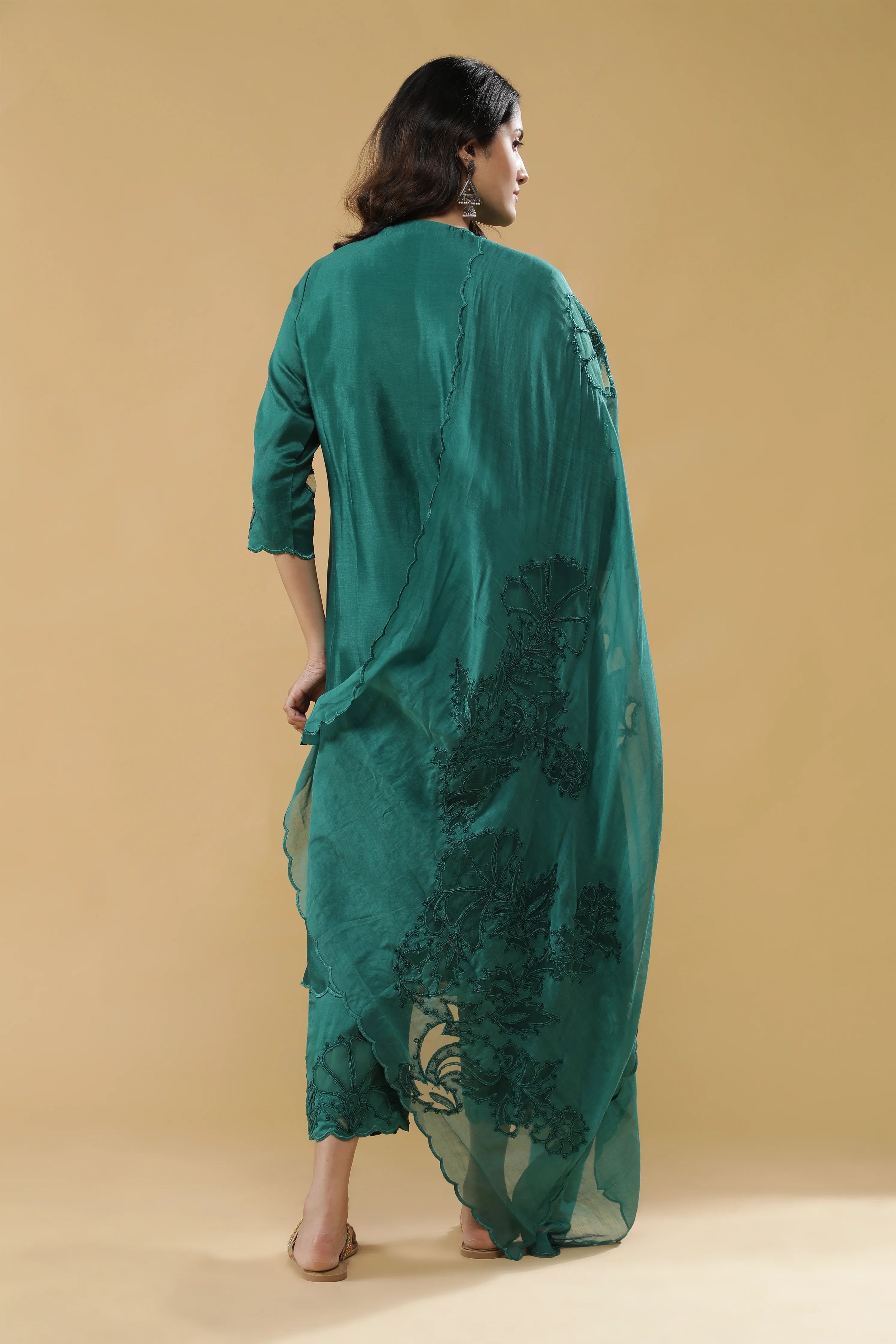 Bottle Green Chanderi Silk Straight-Cut Suit - Mokshaa