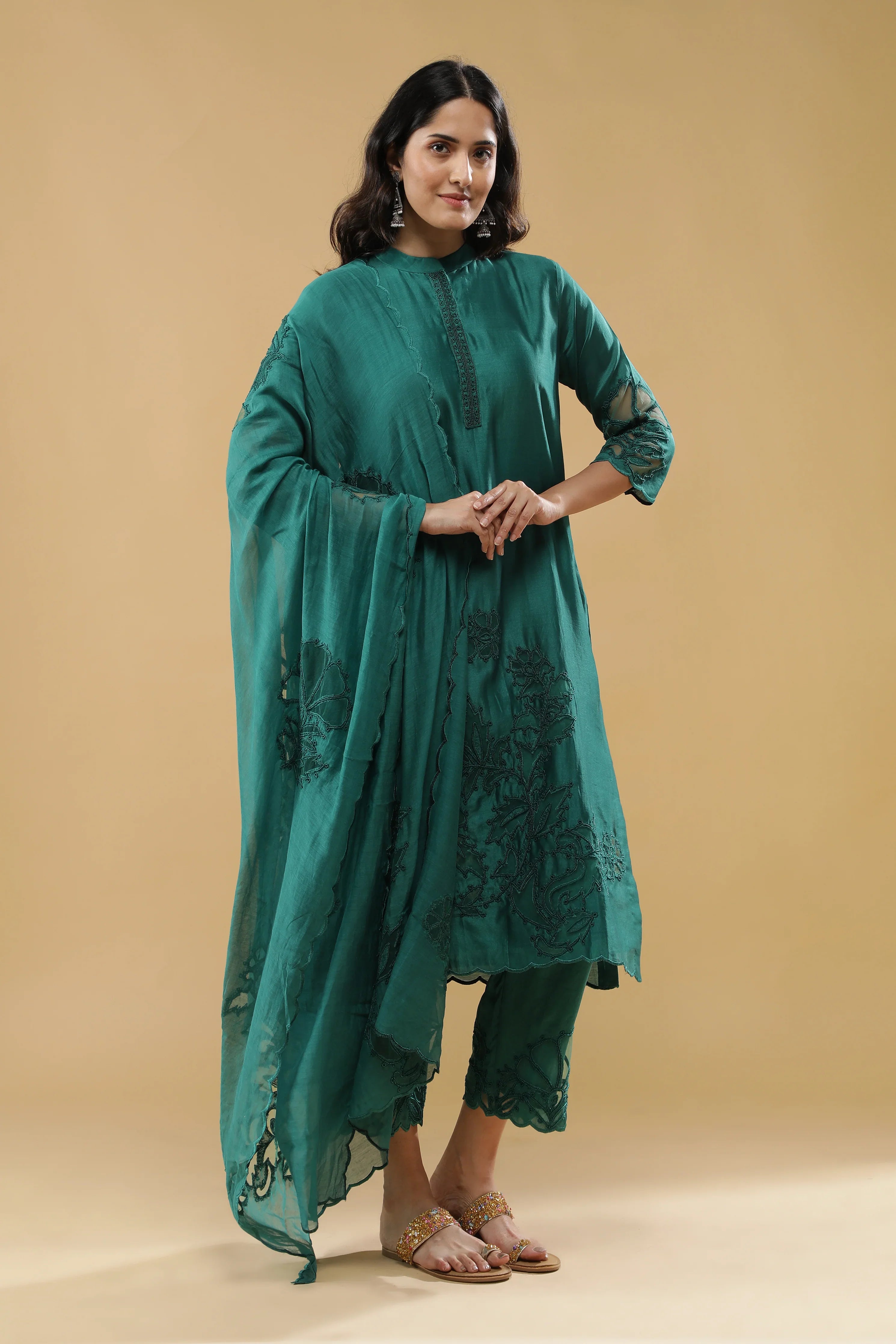 Bottle Green Chanderi Silk Straight-Cut Suit - Mokshaa