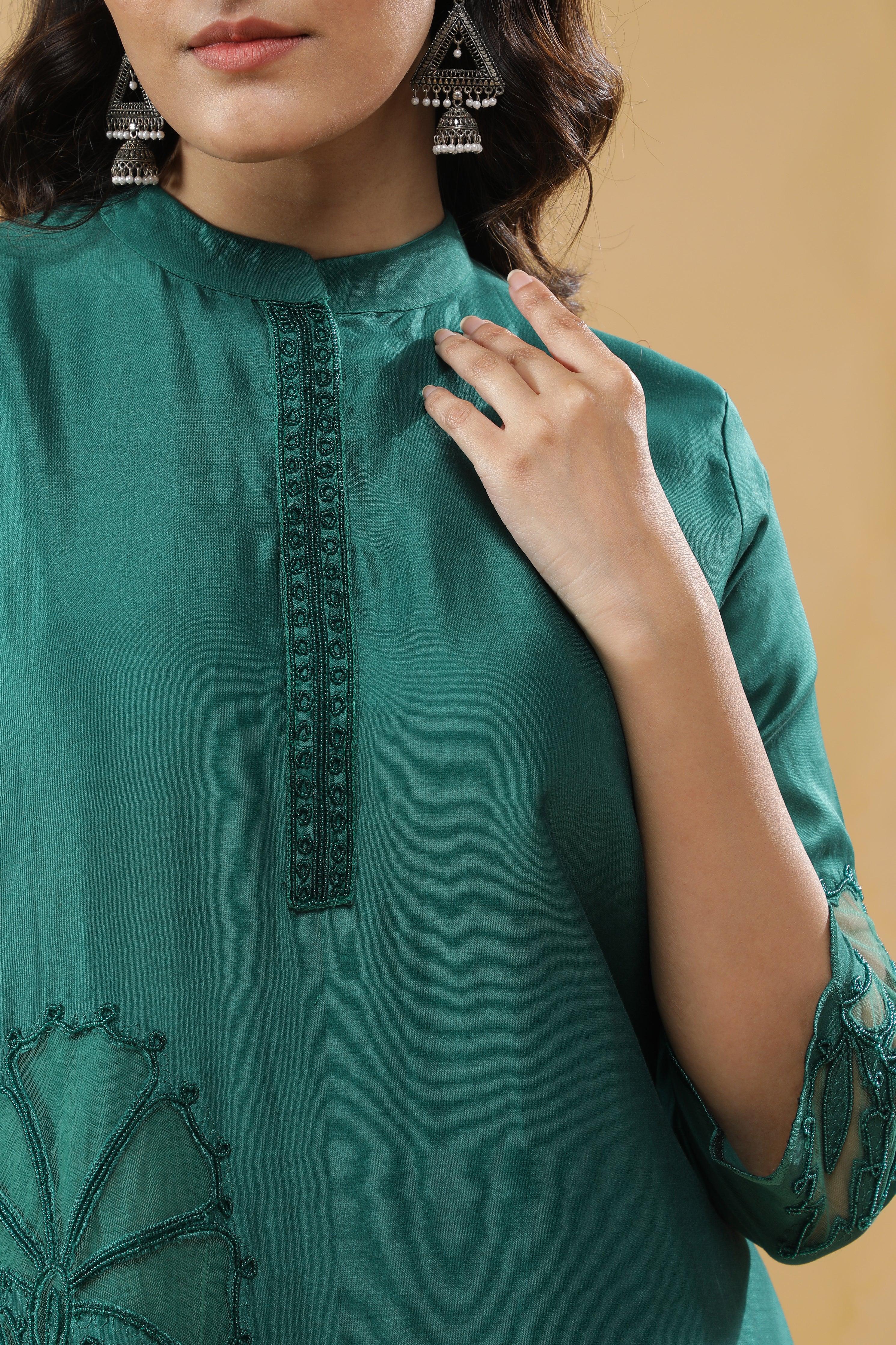 Bottle Green Chanderi Silk Straight-Cut Suit - Mokshaa