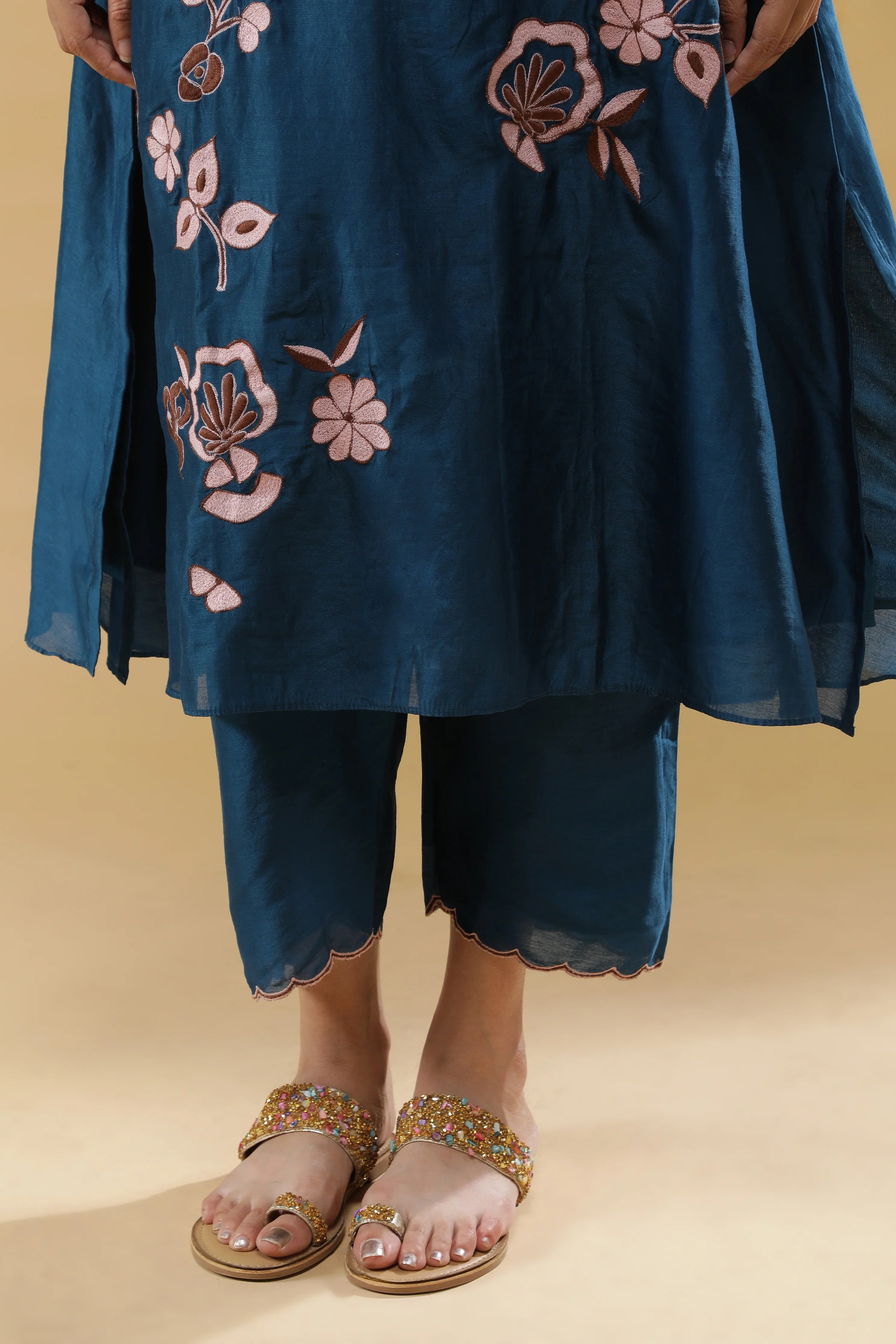 Teal Blue Chanderi Silk Straight Cut Salwar Set - Mokshaa