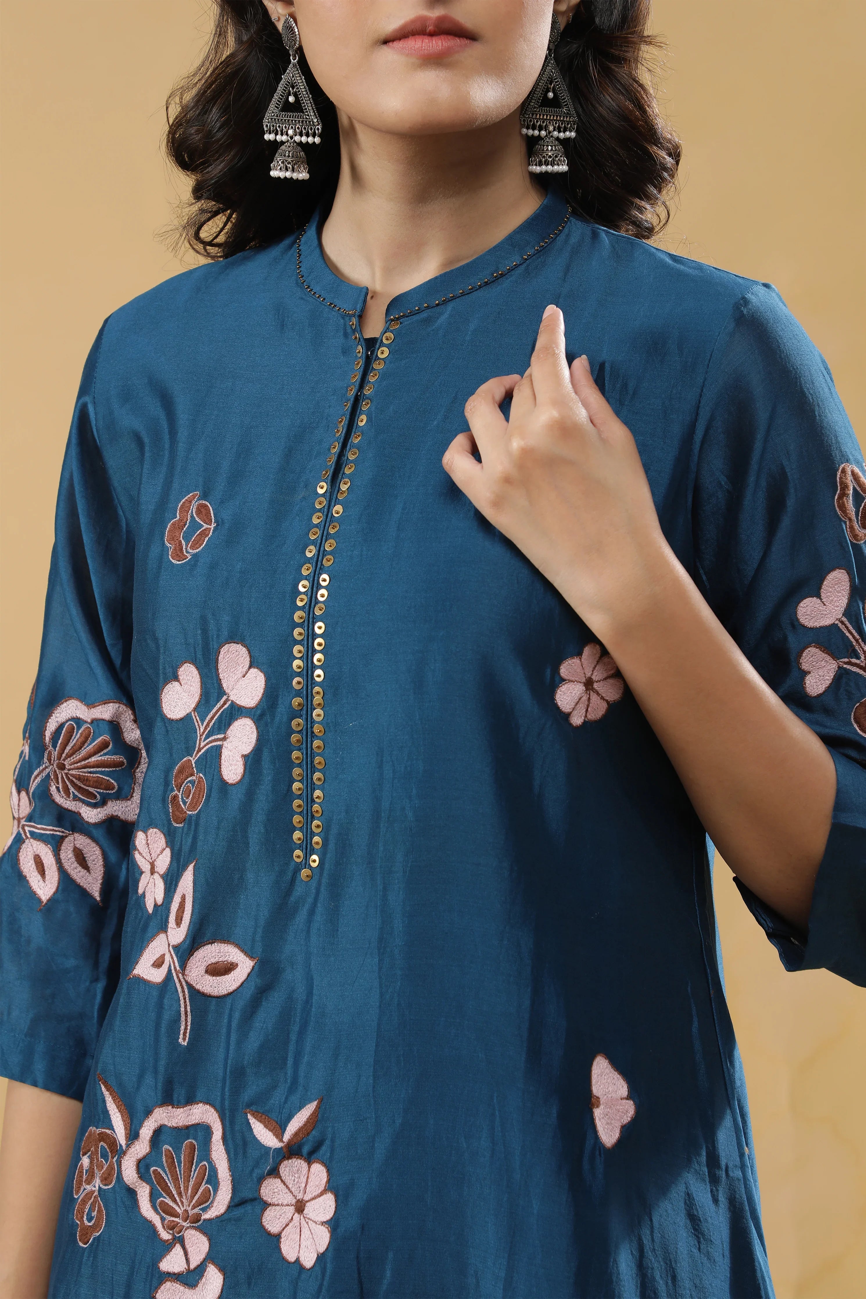 Teal Blue Chanderi Silk Straight Cut Salwar Set - Mokshaa
