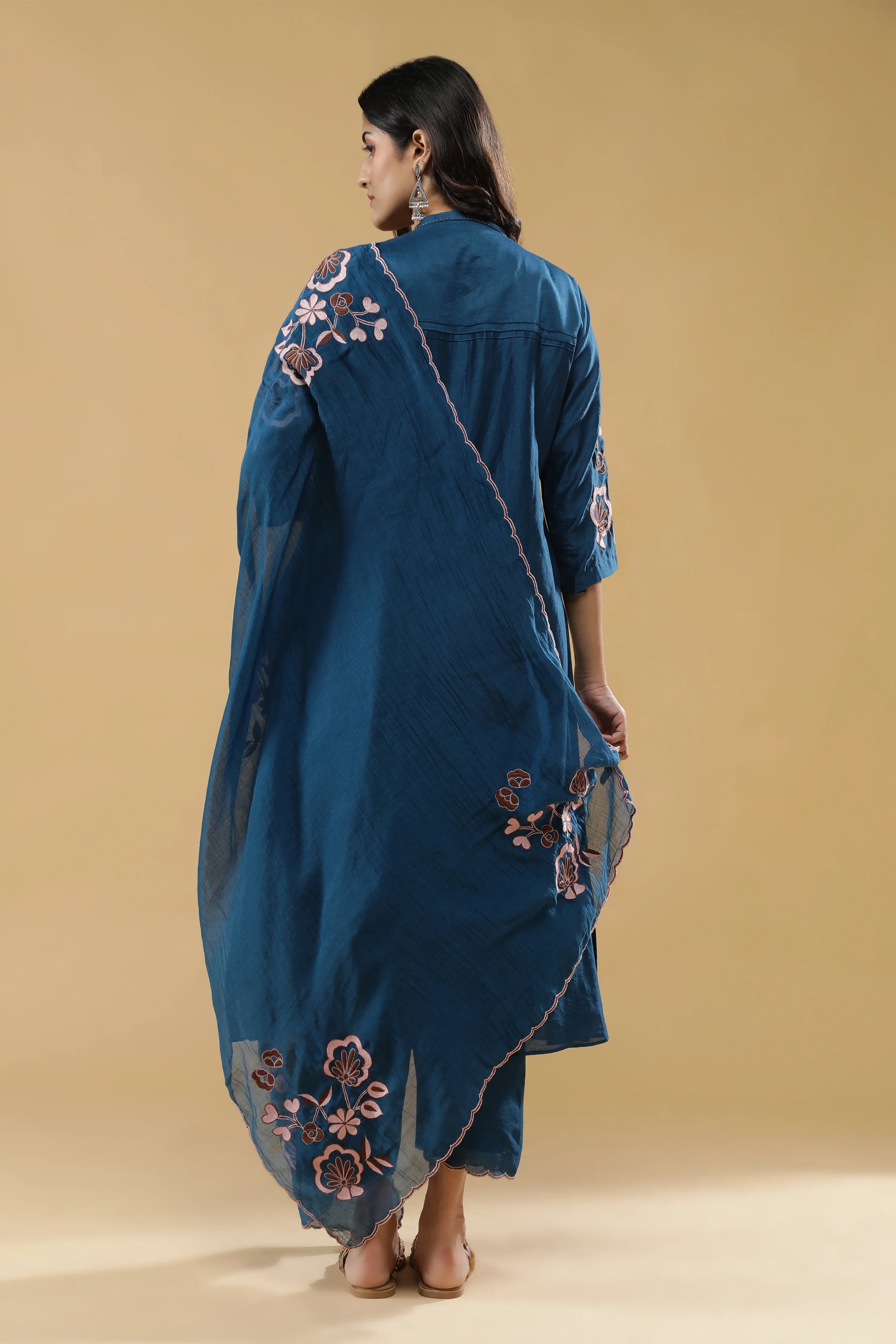Teal Blue Chanderi Silk Straight Cut Salwar Set - Mokshaa