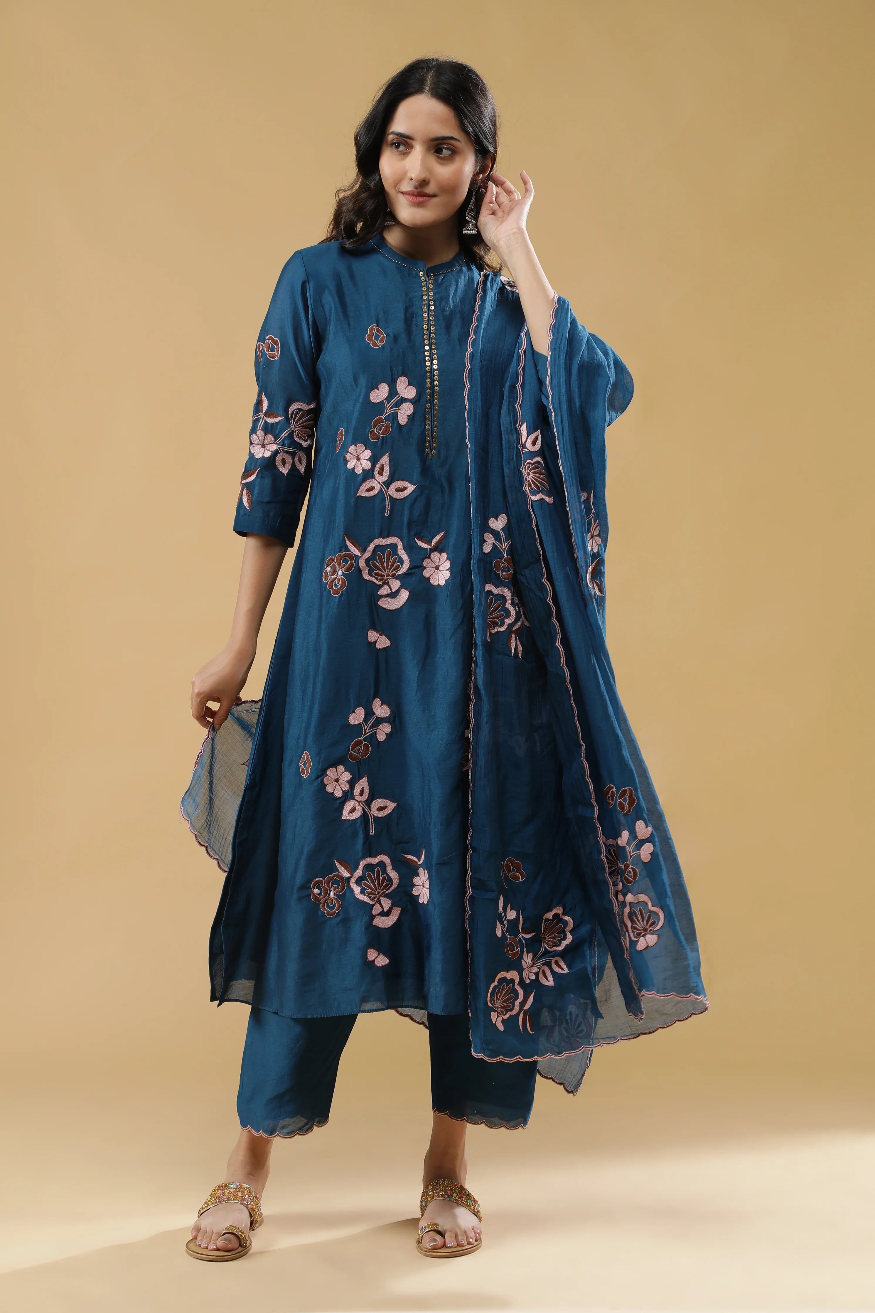 Teal Blue Chanderi Silk Straight Cut Salwar Set - Mokshaa