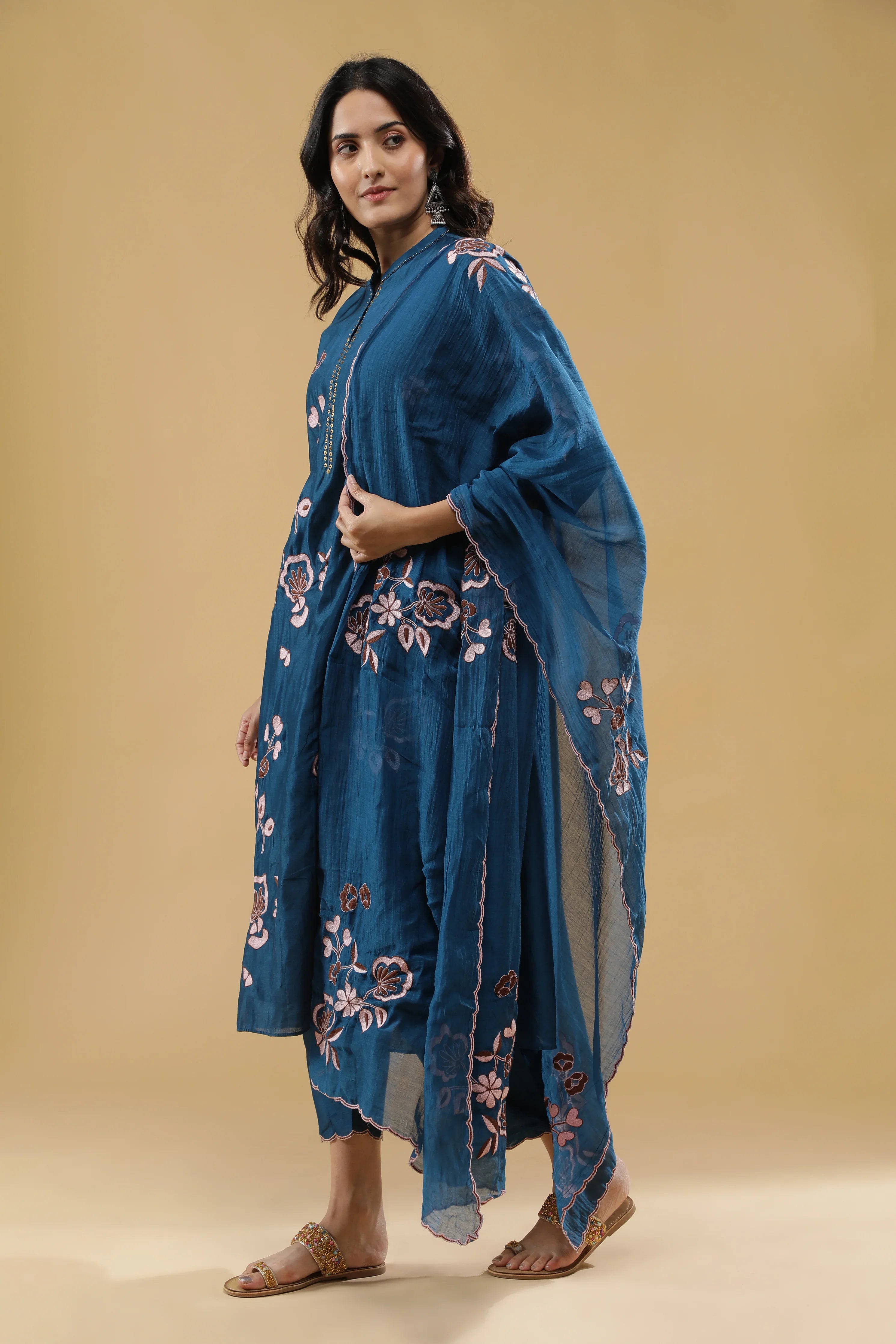 Teal Blue Chanderi Silk Straight Cut Salwar Set - Mokshaa