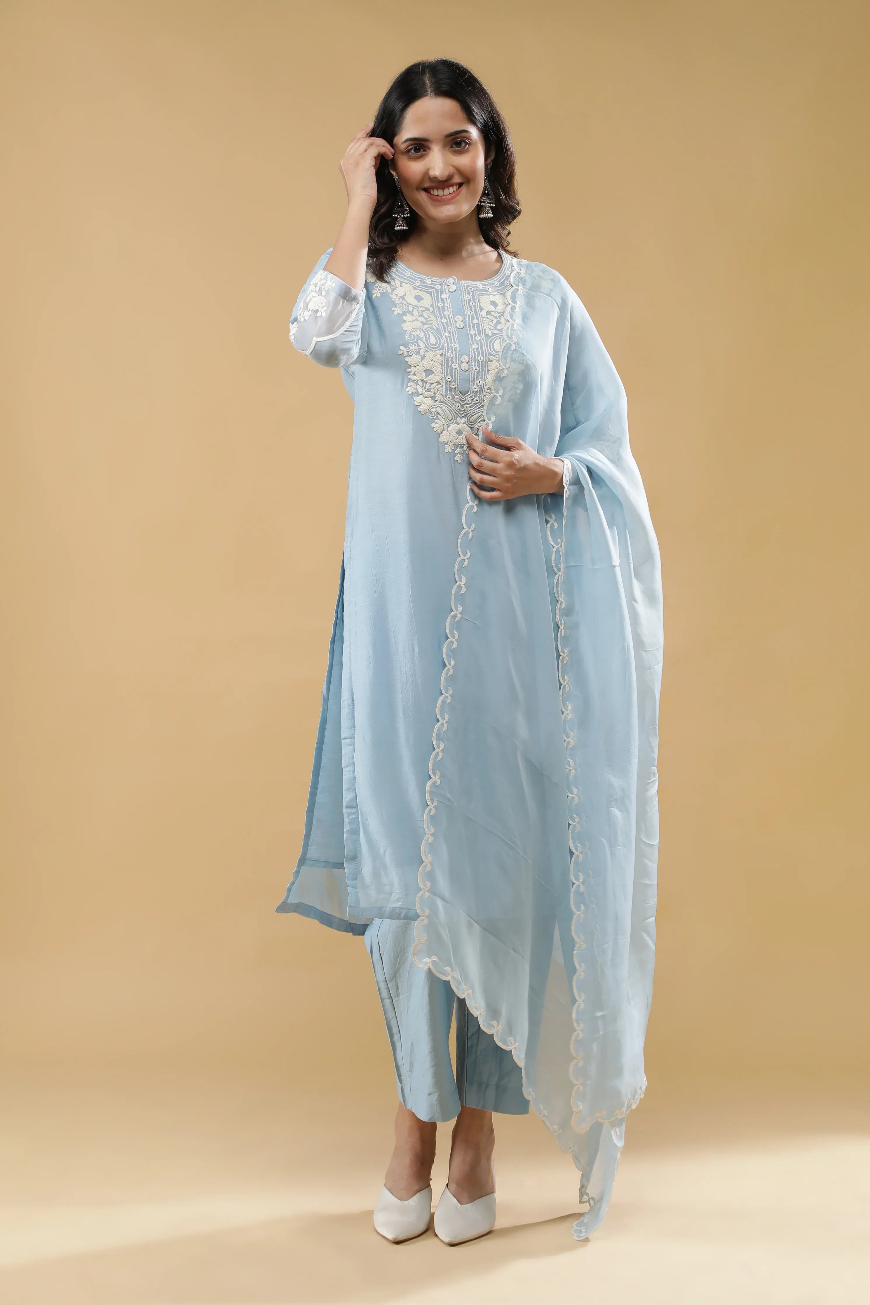 Light Blue Mul Chanderi Salwar Set - Mokshaa