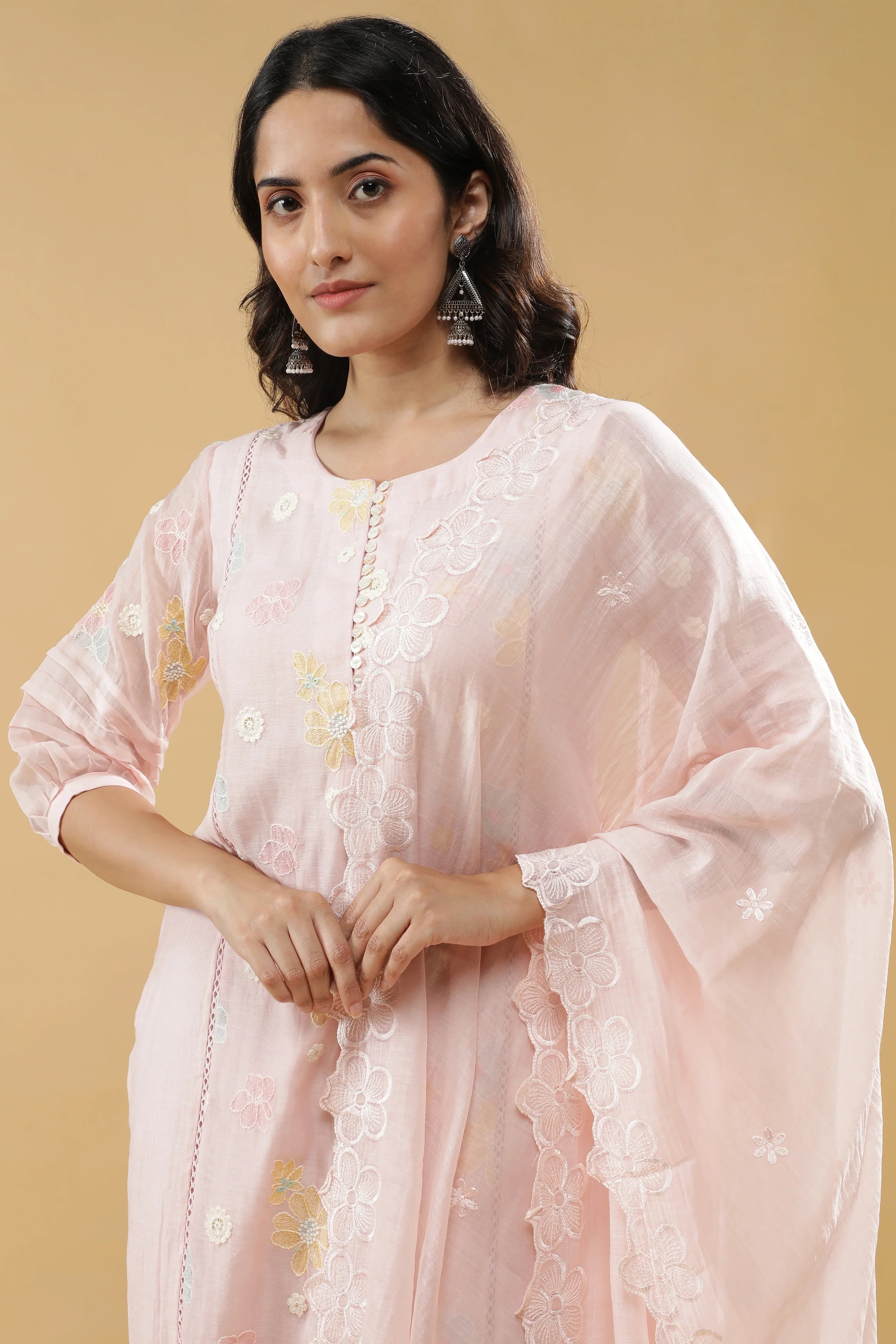 Baby Pink Mul Chanderi Straight-Cut Salwar Set - Mokshaa