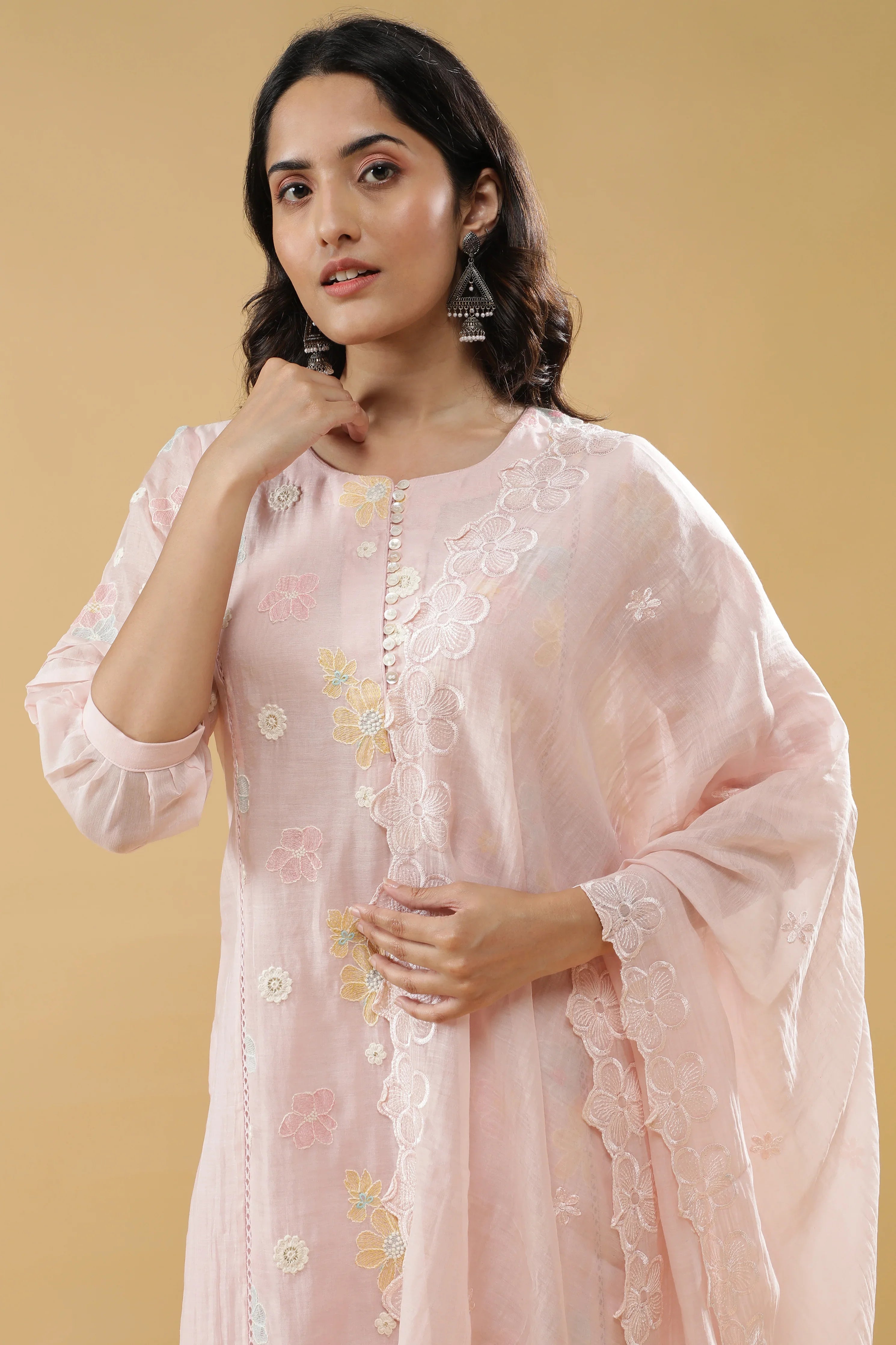 Baby Pink Mul Chanderi Straight-Cut Salwar Set - Mokshaa
