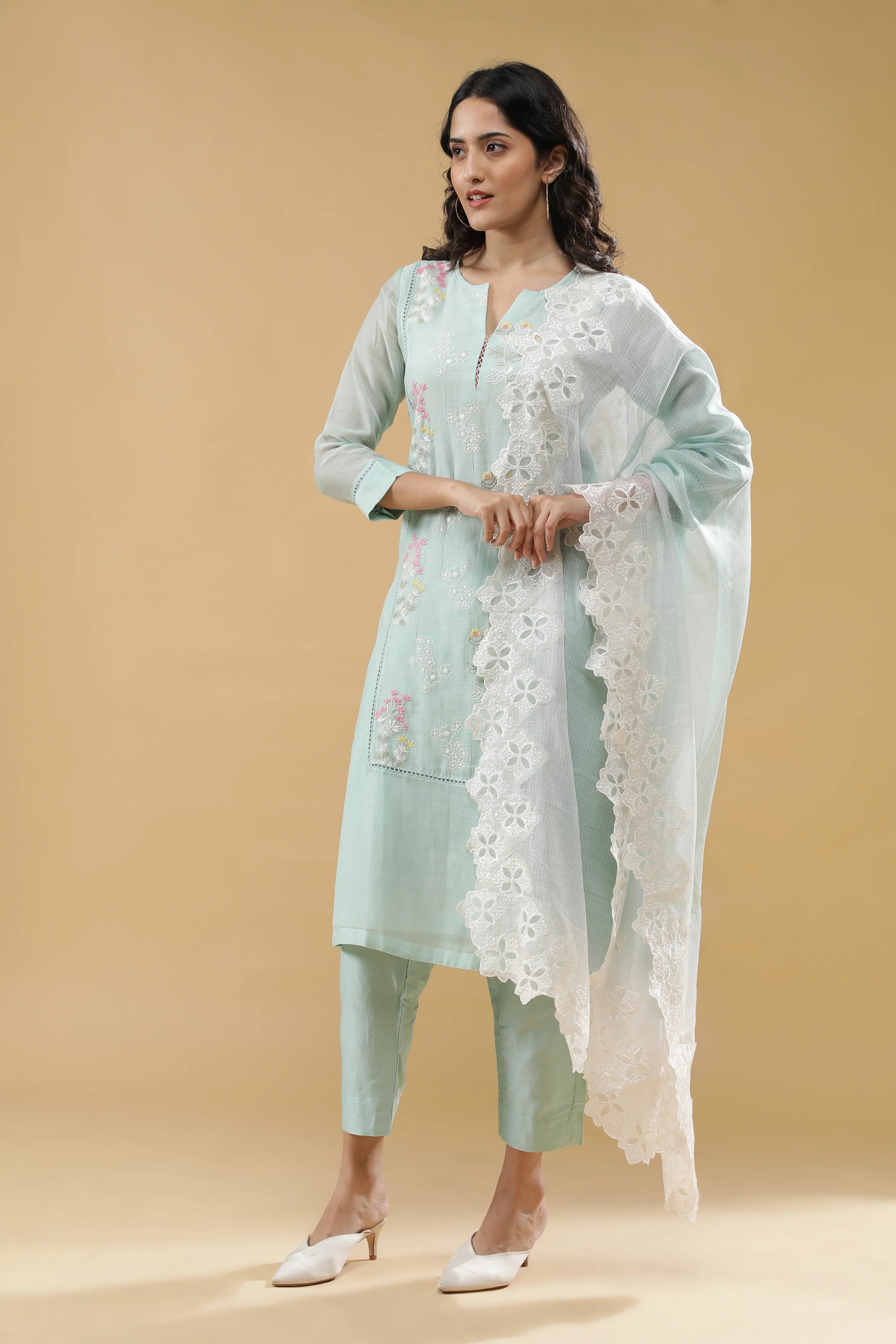 Sky Blue Mul Chanderi Salwar set - Mokshaa
