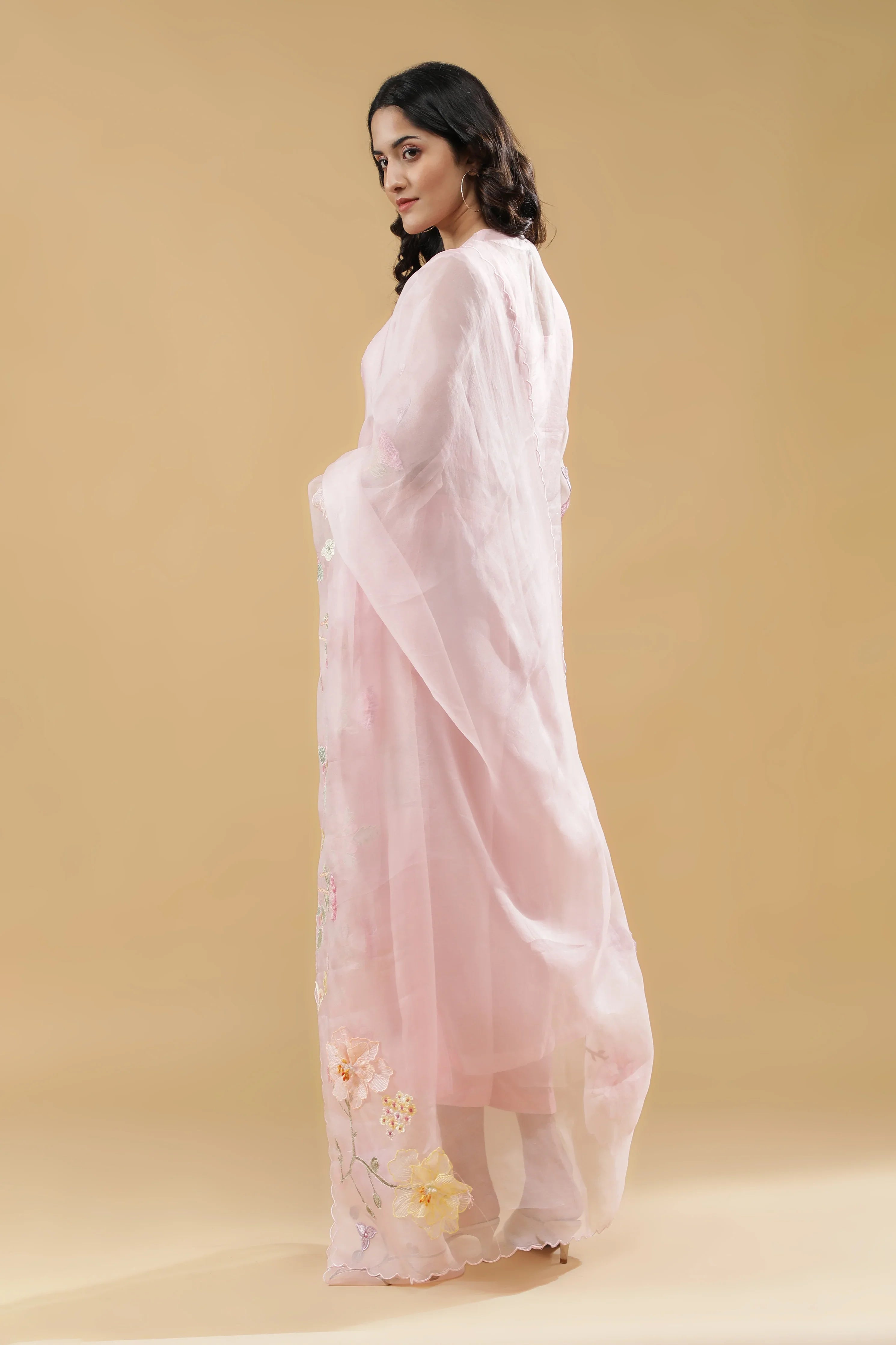 Pink Organza Floral AppliquéSuit Set - Mokshaa