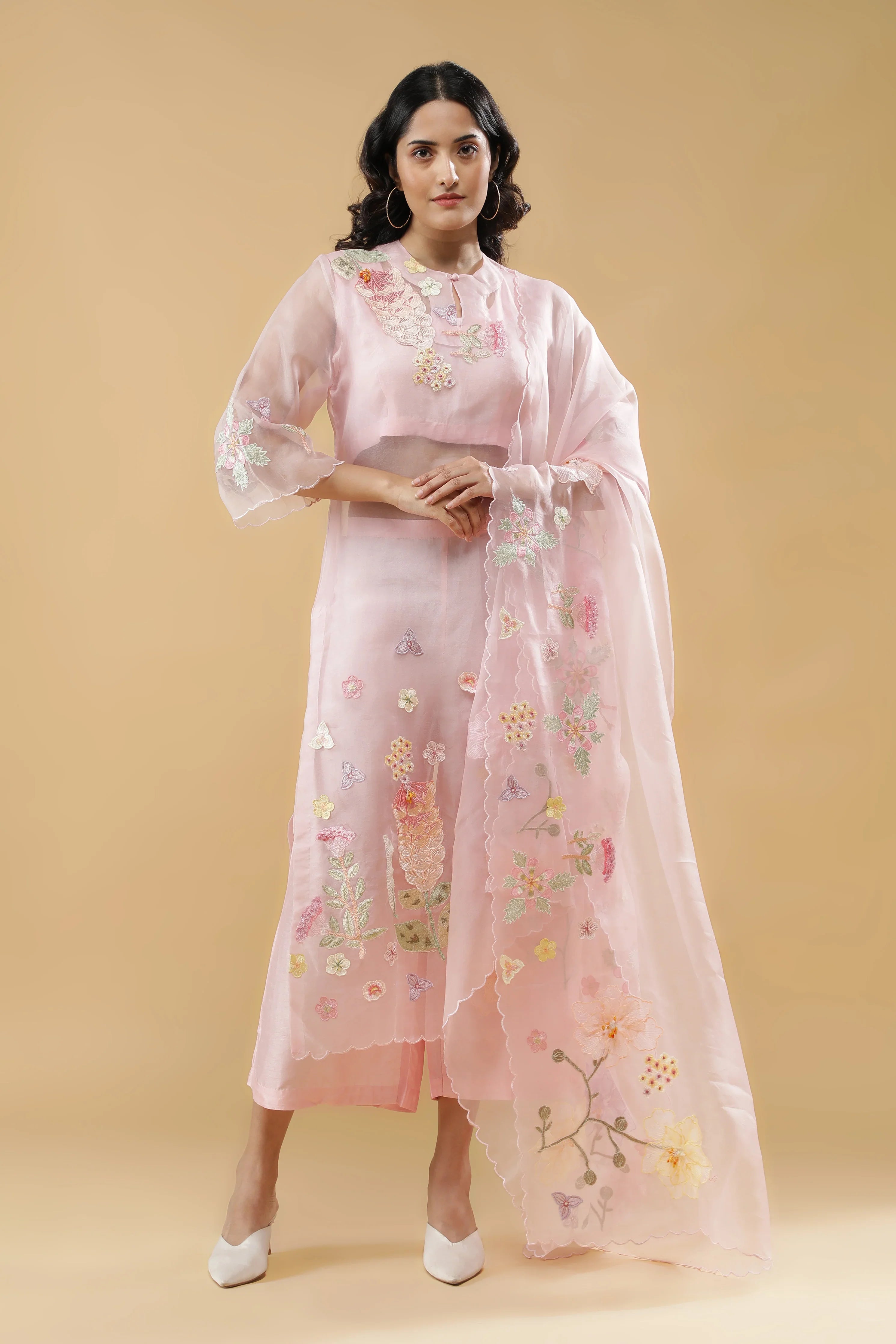 Pink Organza Floral AppliquéSuit Set - Mokshaa