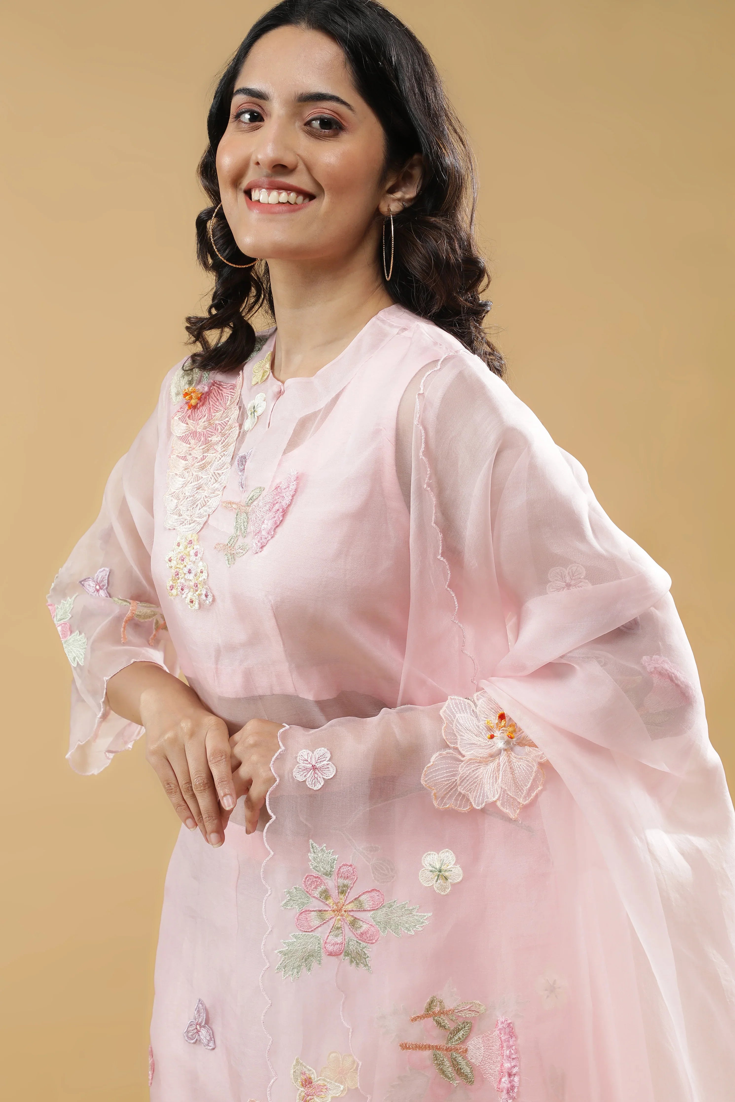 Pink Organza Floral AppliquéSuit Set - Mokshaa