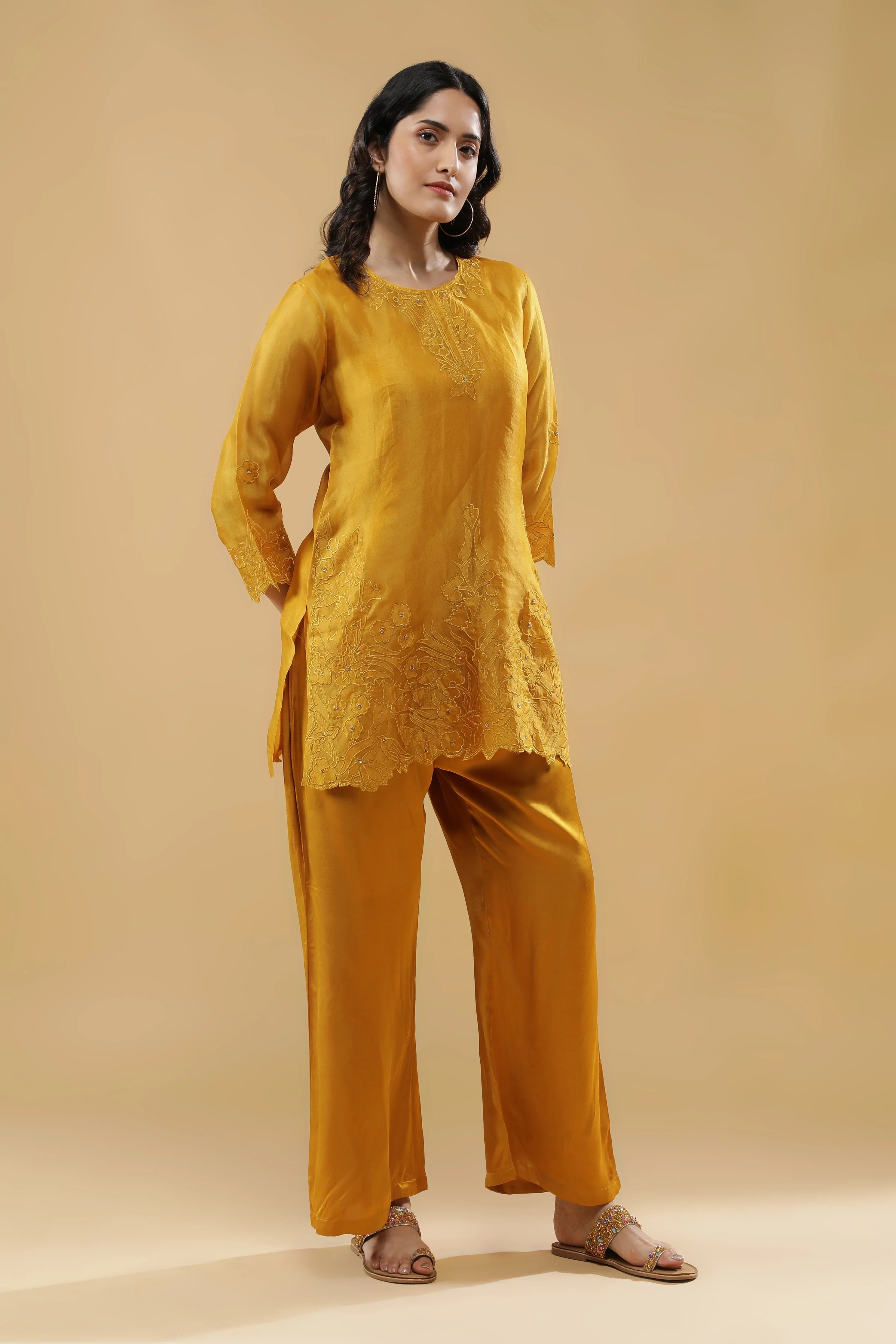 Mustard Organza Floral Embroidered Cord Set - Mokshaa