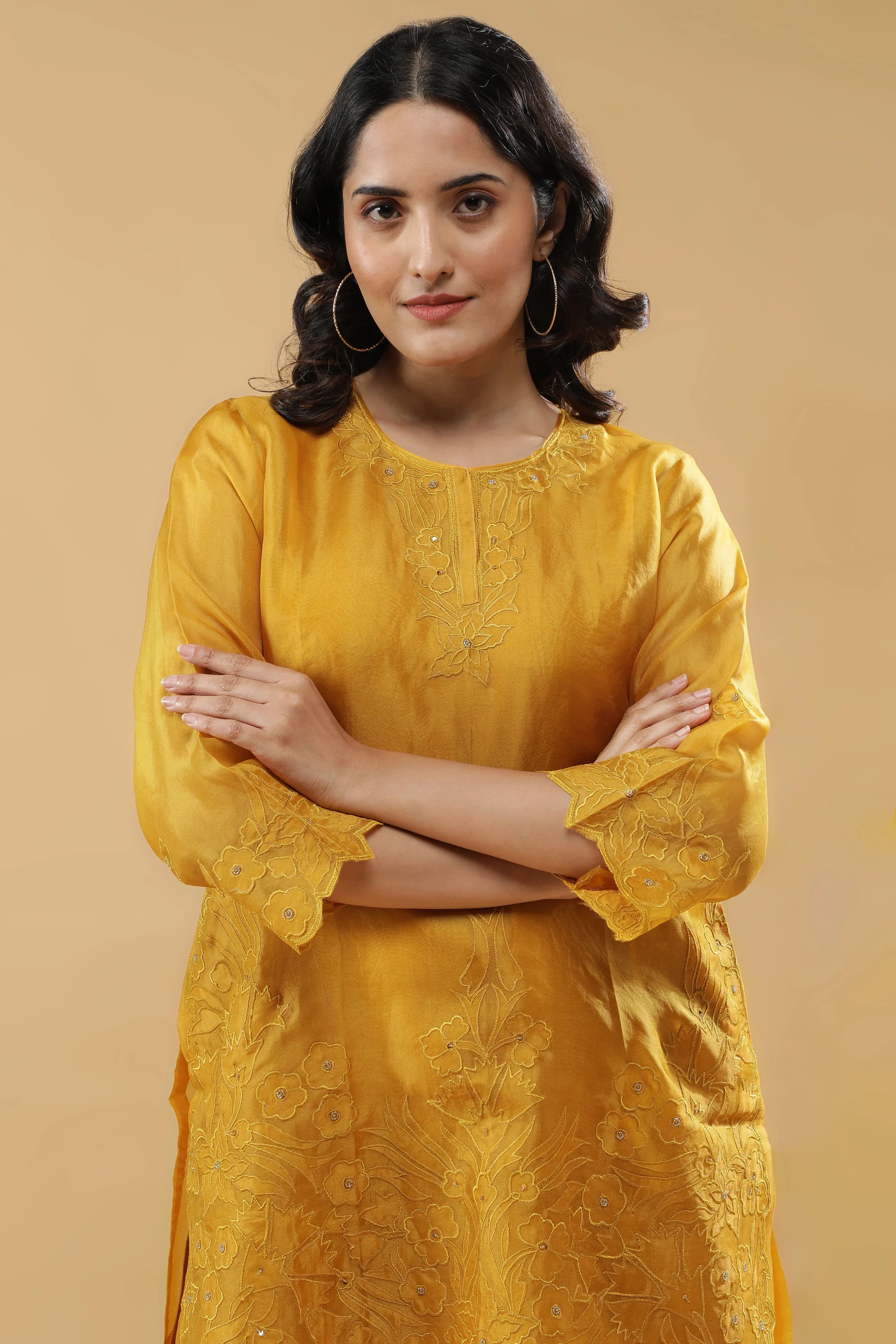 Mustard Organza Floral Embroidered Cord Set - Mokshaa