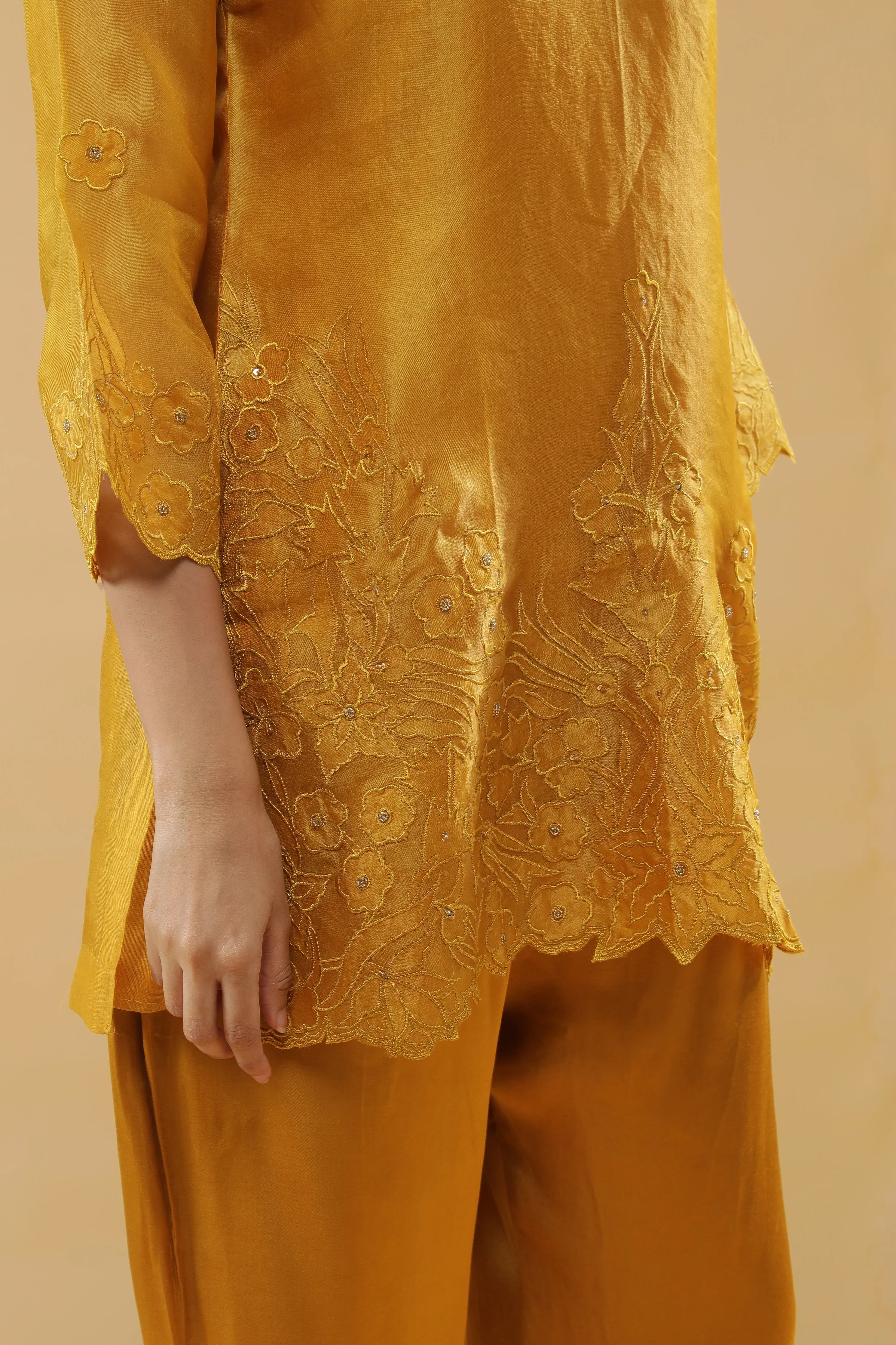 Mustard Organza Floral Embroidered Cord Set - Mokshaa