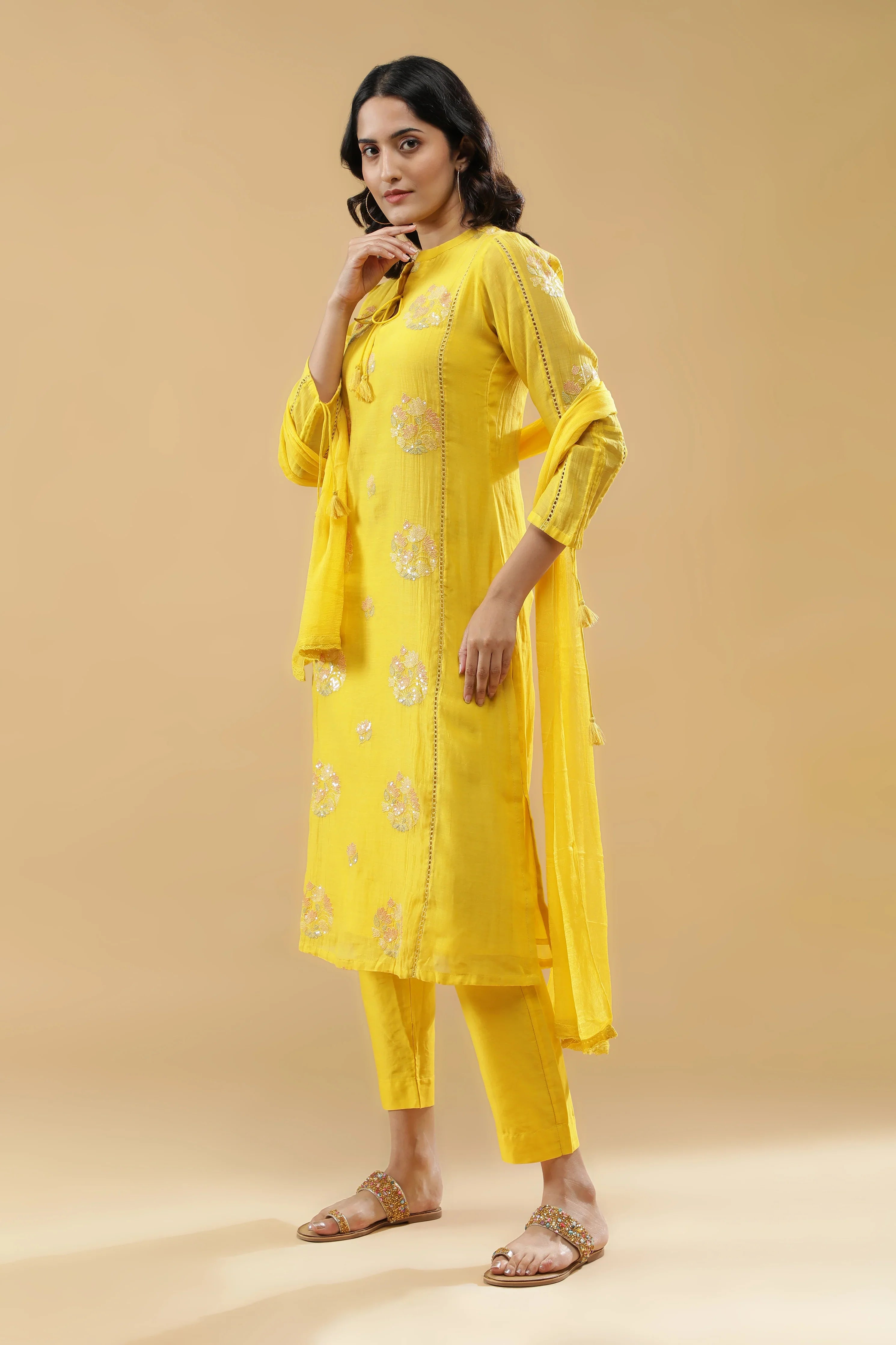 Yellow Mul Cotton Kurta Set - Mokshaa
