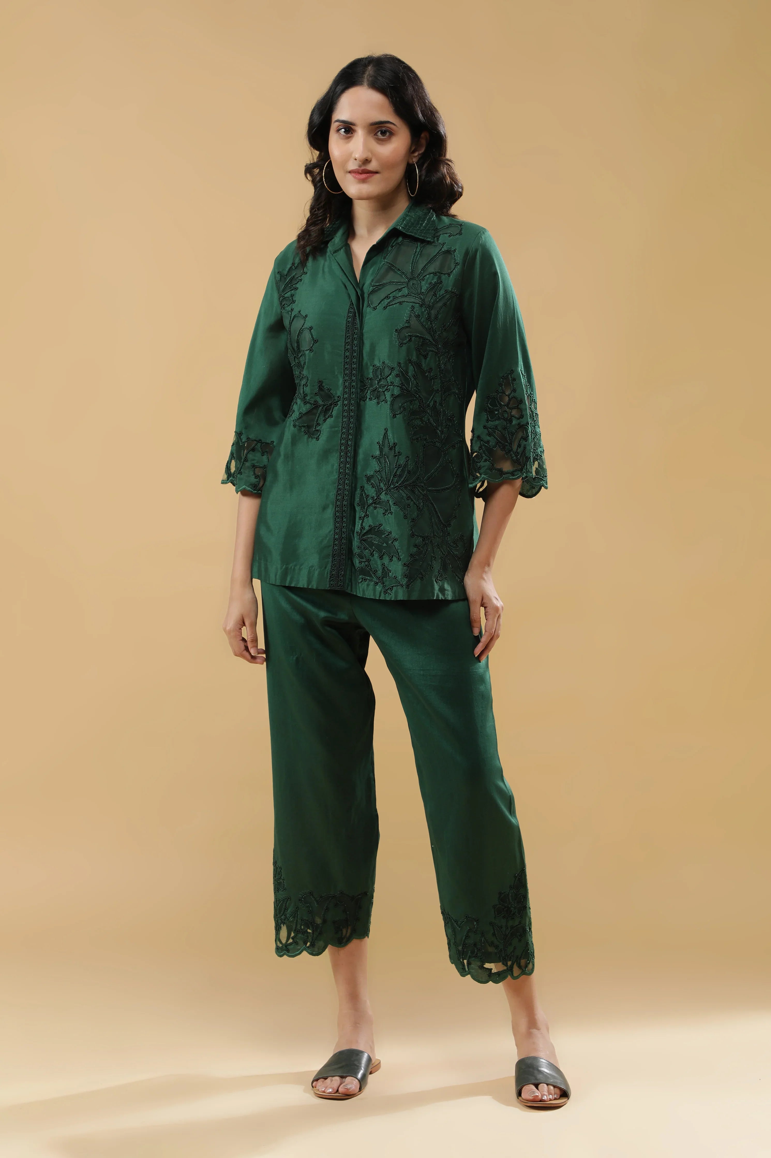 Deep Emerald Green Silk Embroidered Co-Ord Set - Mokshaa