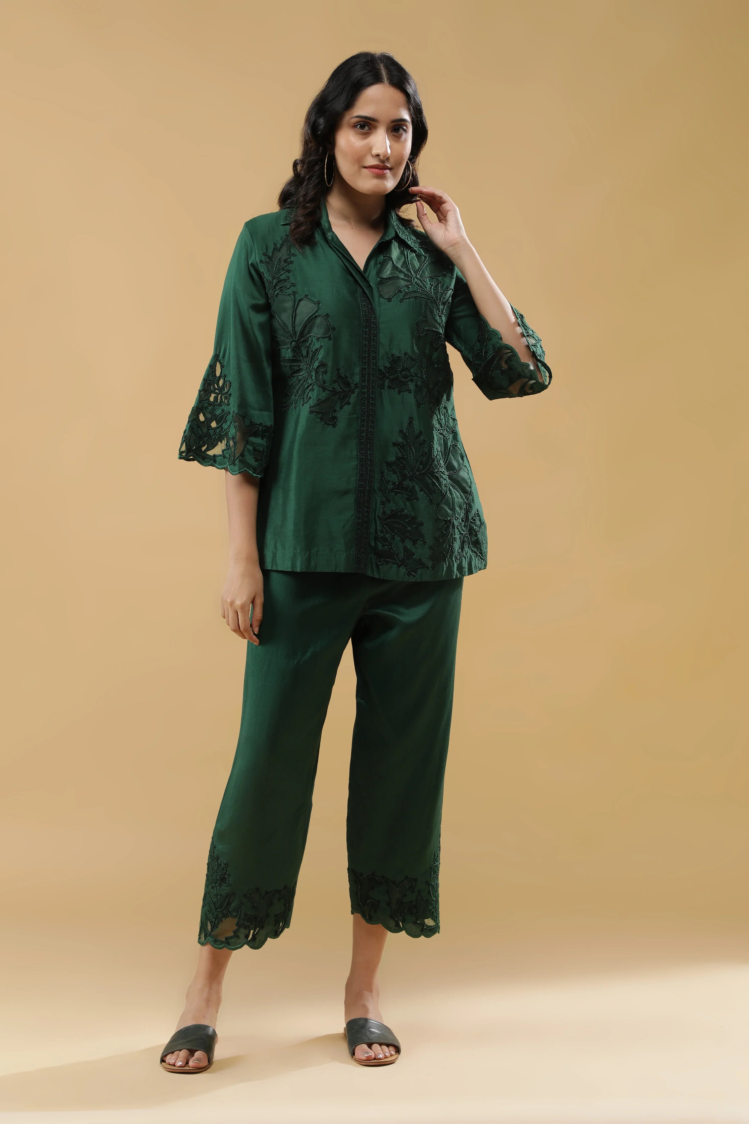 Deep Emerald Green Silk Embroidered Co-Ord Set - Mokshaa