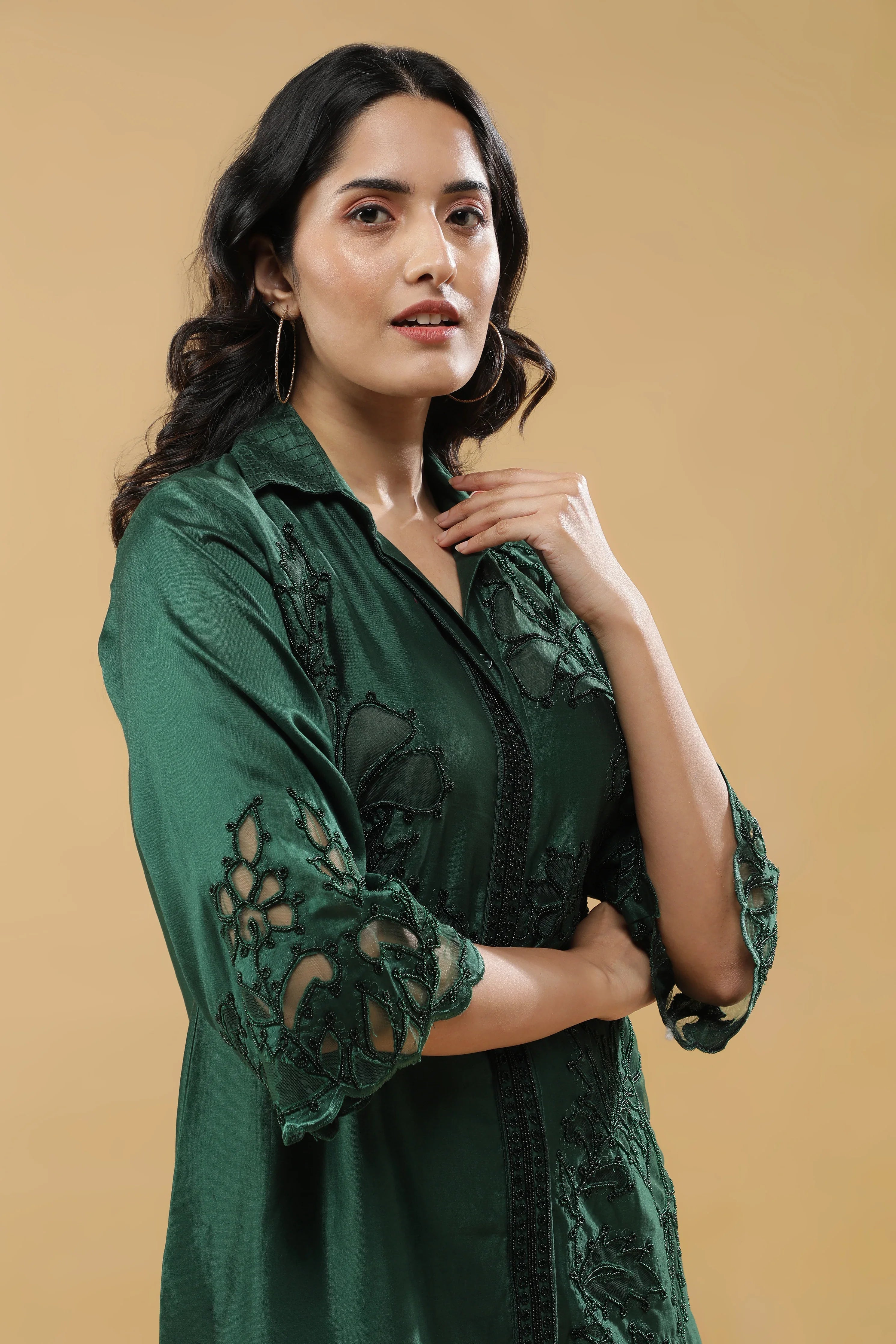 Deep Emerald Green Silk Embroidered Co-Ord Set - Mokshaa