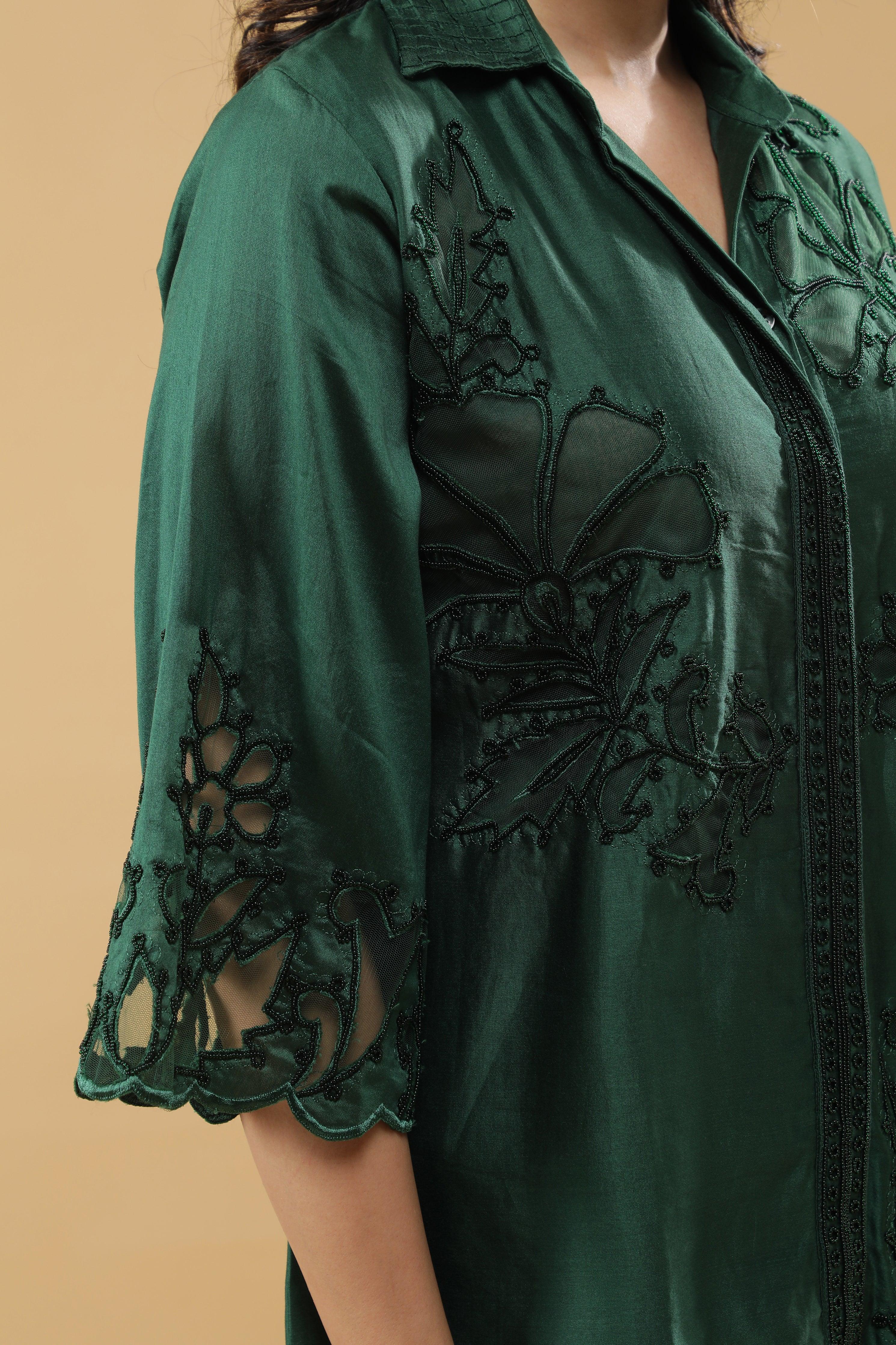 Deep Emerald Green Silk Embroidered Co-Ord Set - Mokshaa