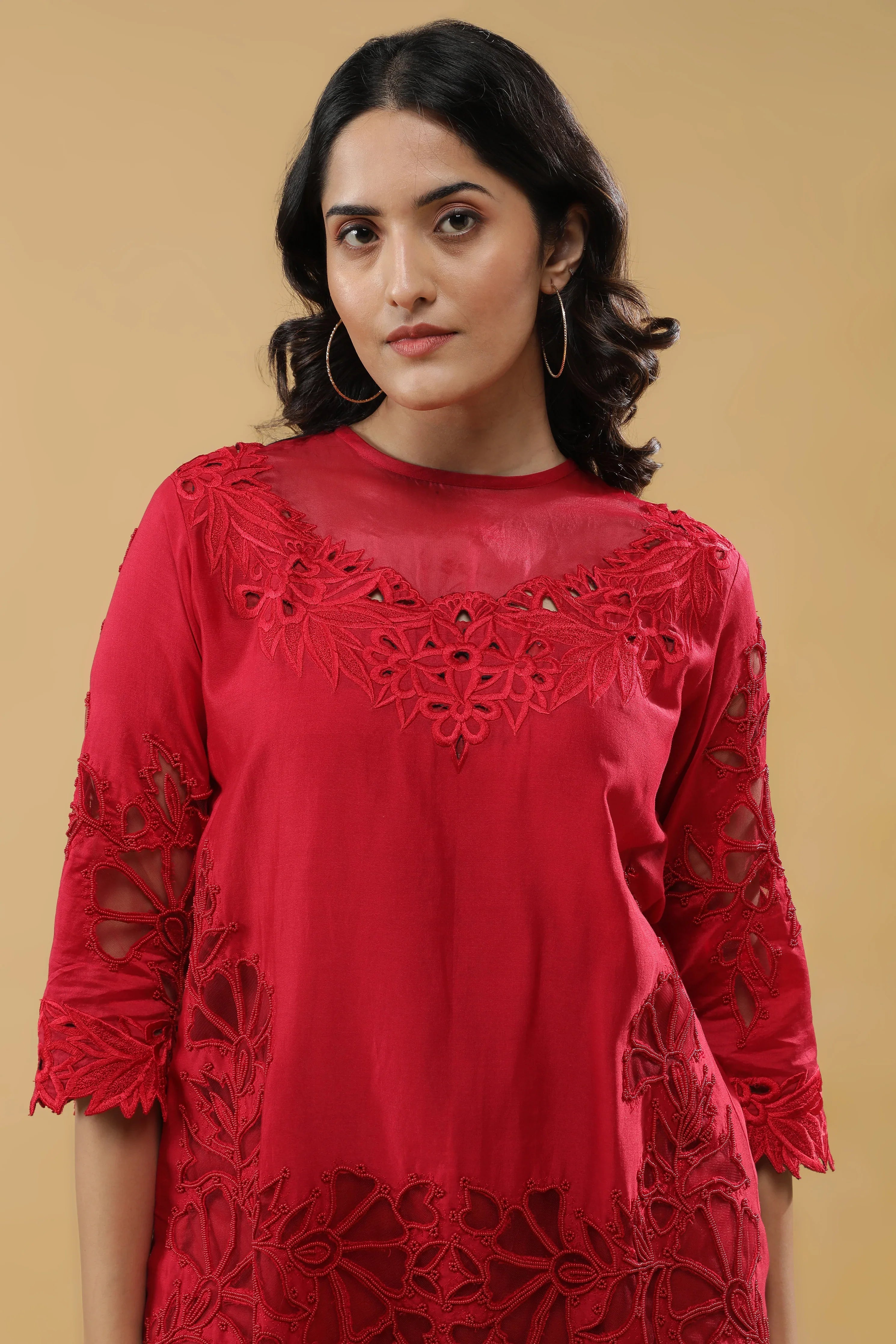 Crimson Red Silk Embroidered Co-Ord Set - Mokshaa