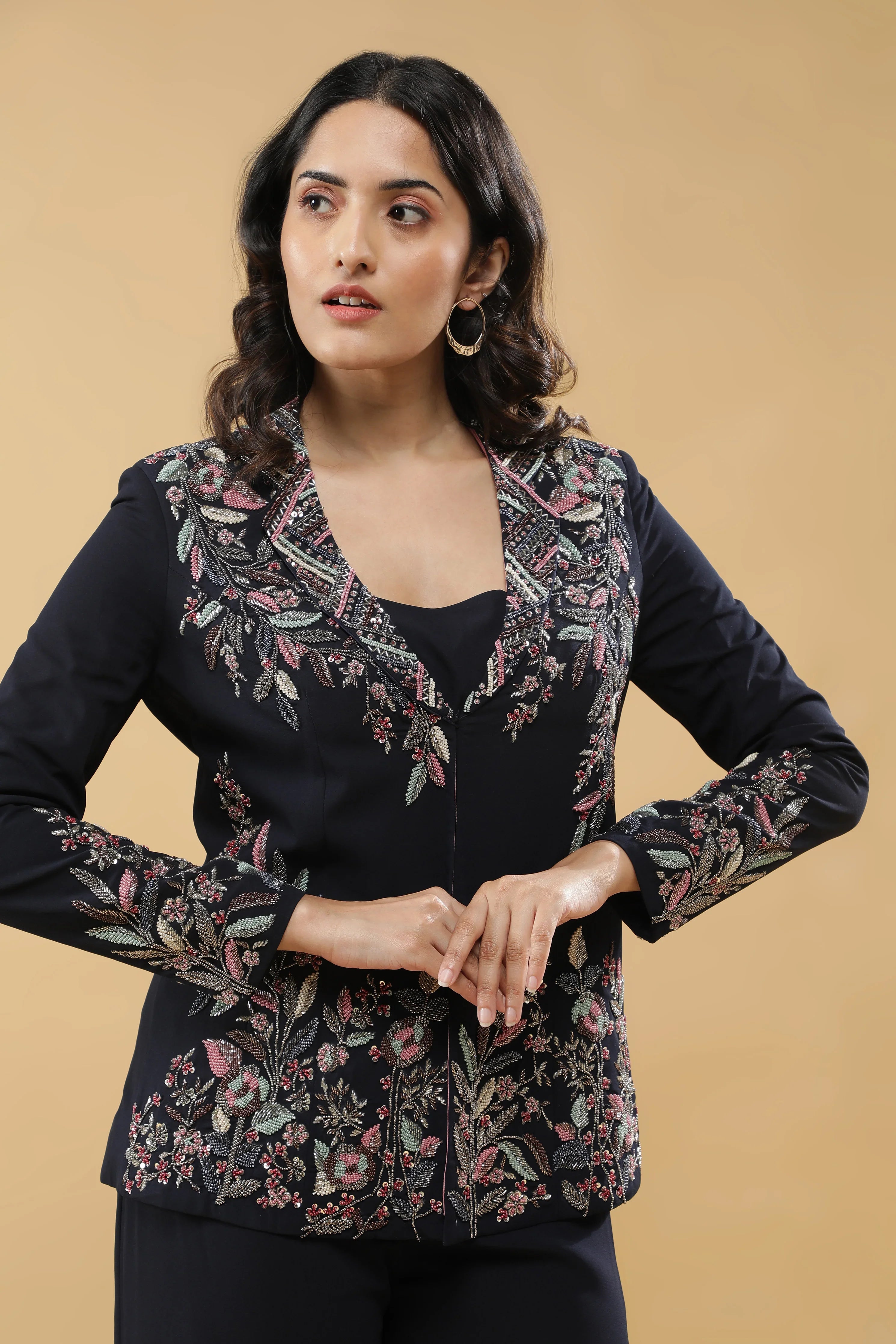 Navy Blue Crepe Jacket Set - Mokshaa