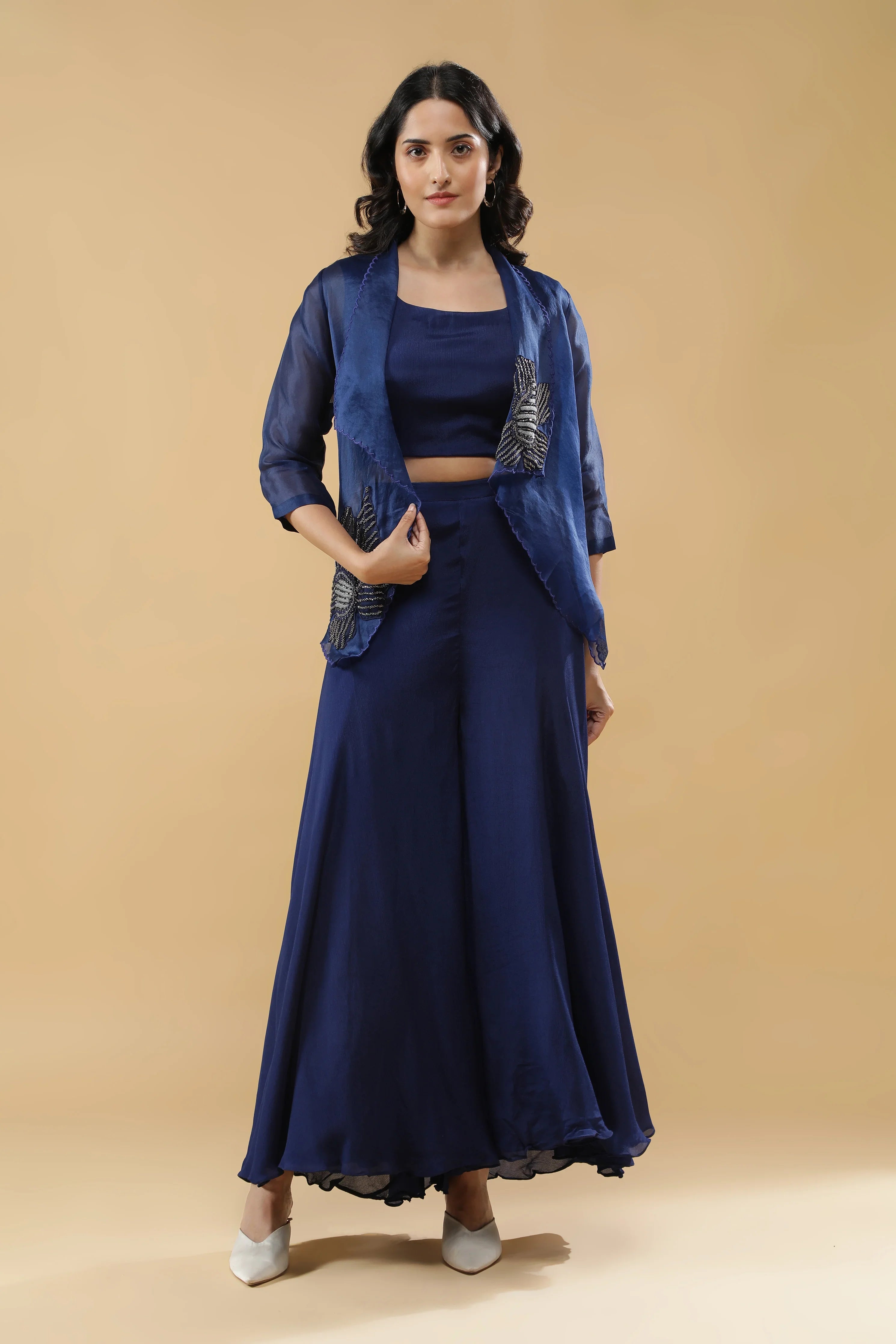 Navy Blue Organza Jacket Set - Mokshaa