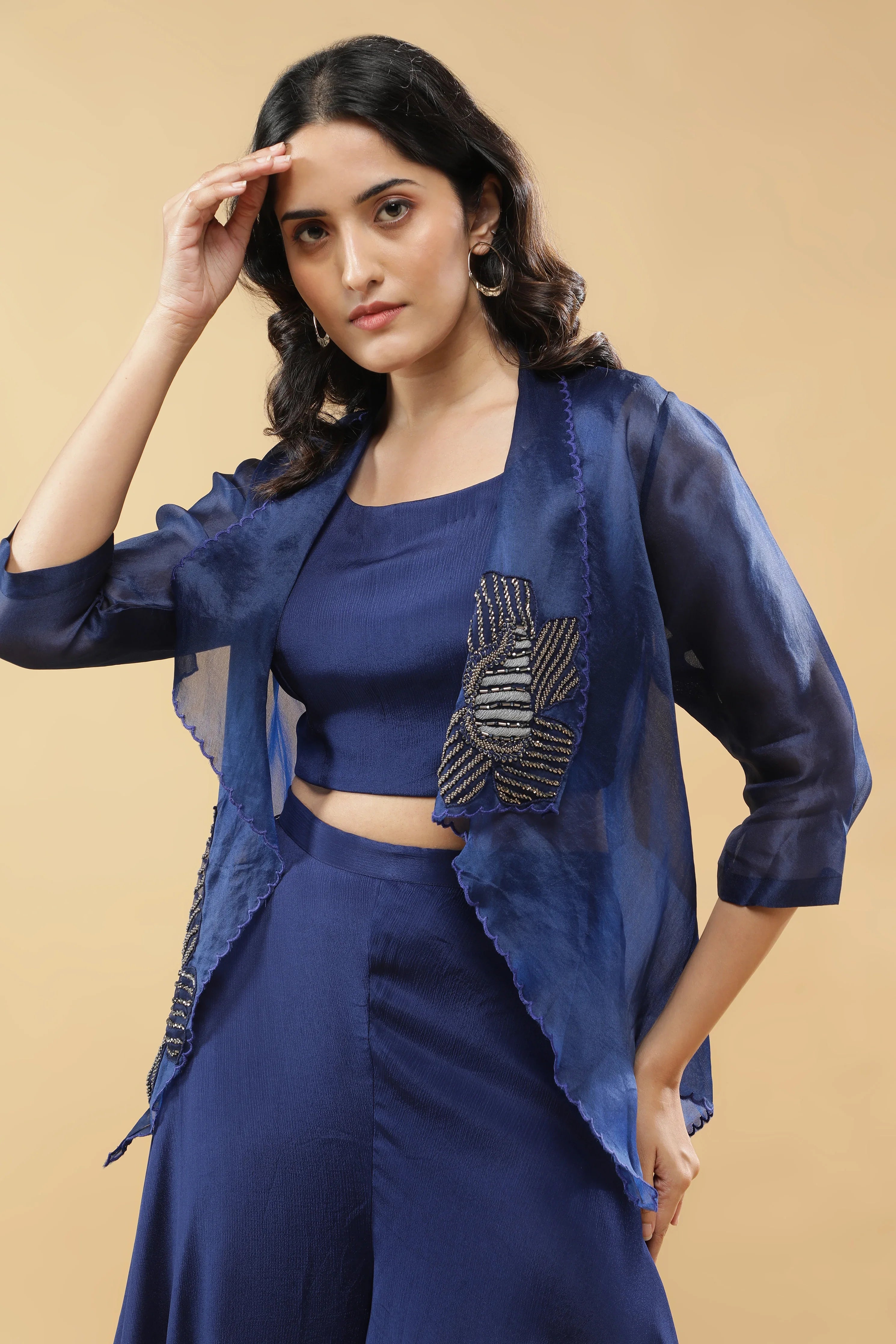 Navy Blue Organza Jacket Set - Mokshaa