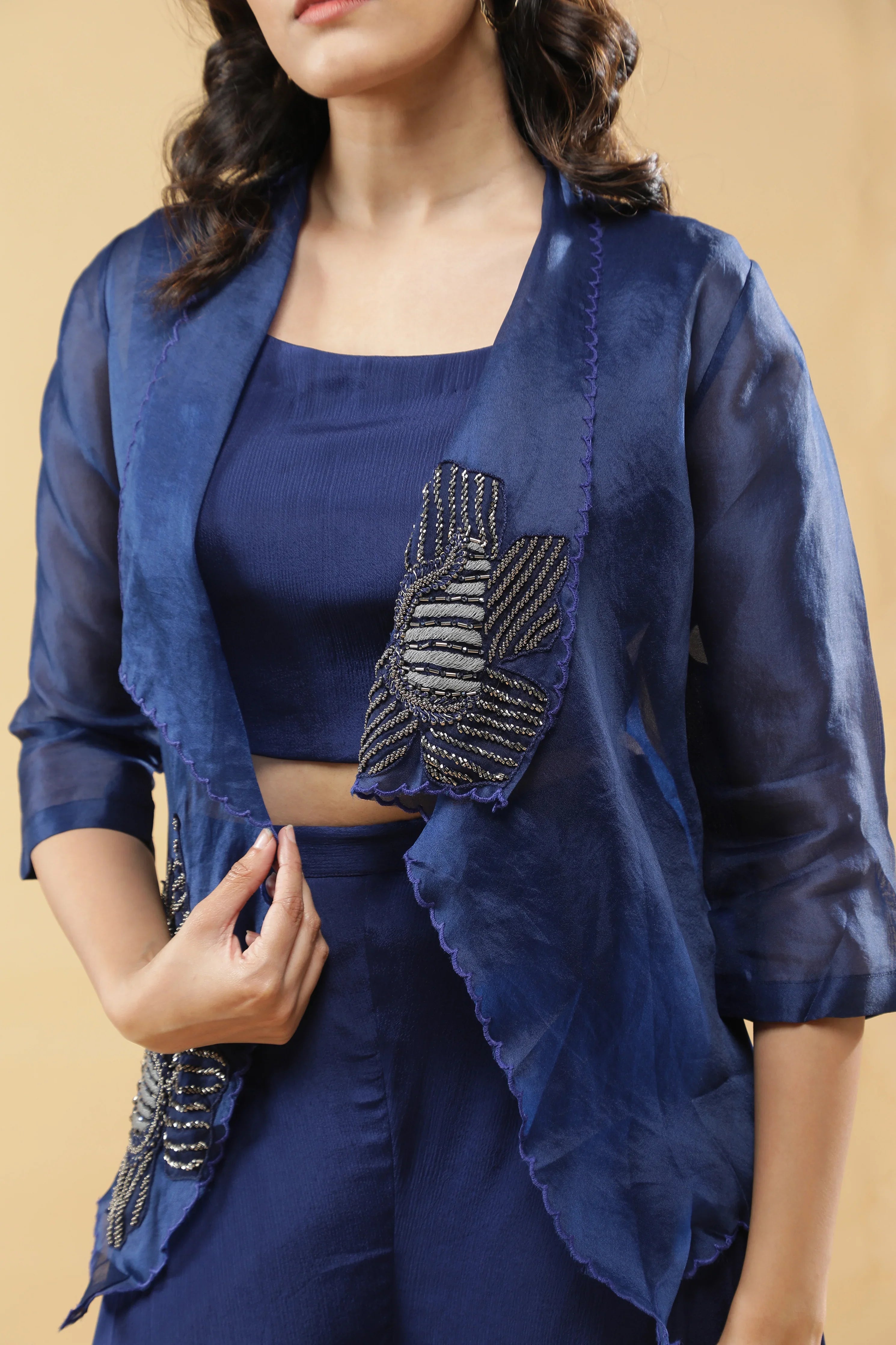 Navy Blue Organza Jacket Set - Mokshaa