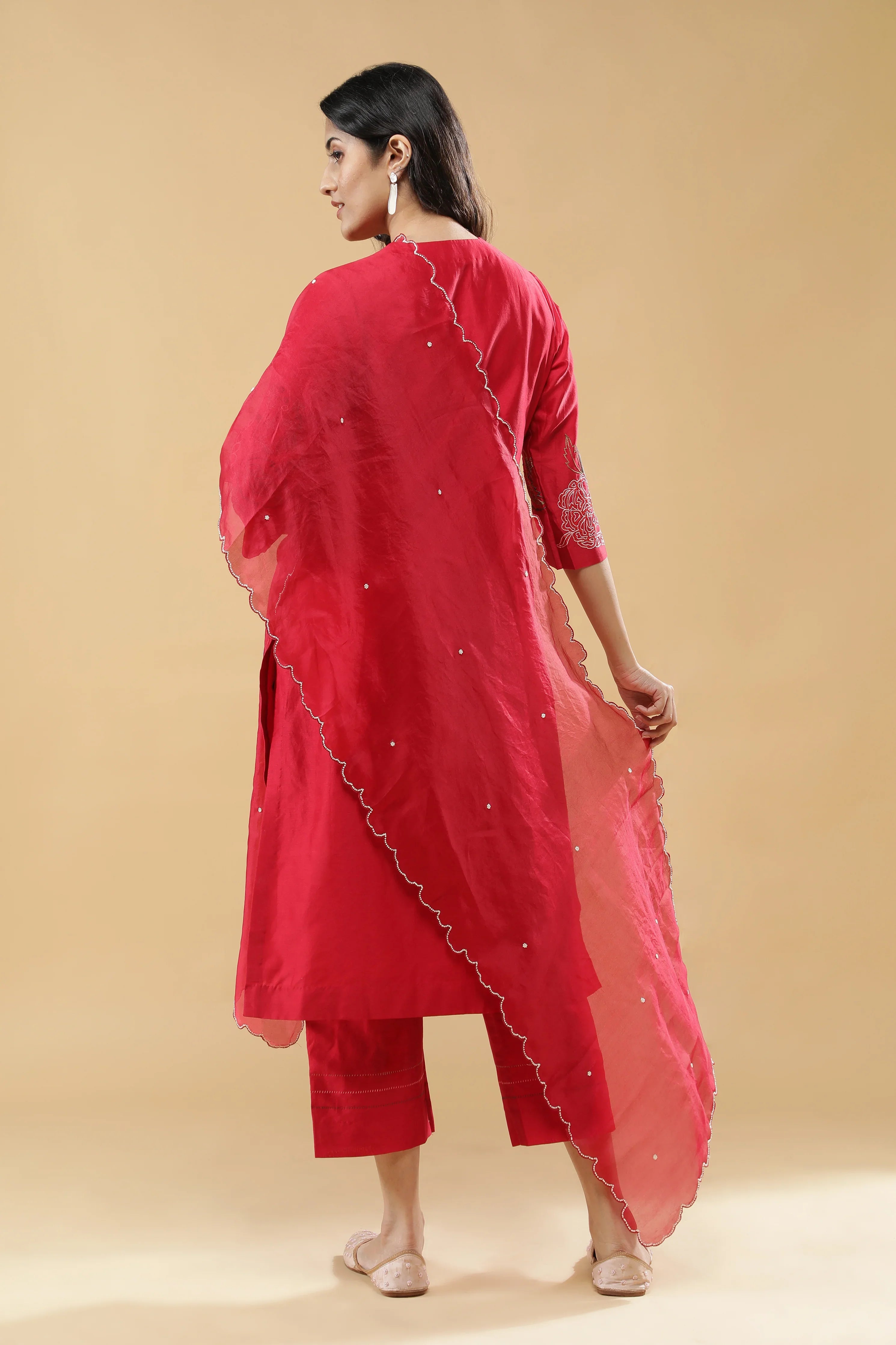 Cherry Red Cotton Floral Embroidered Salwar Set - Mokshaa