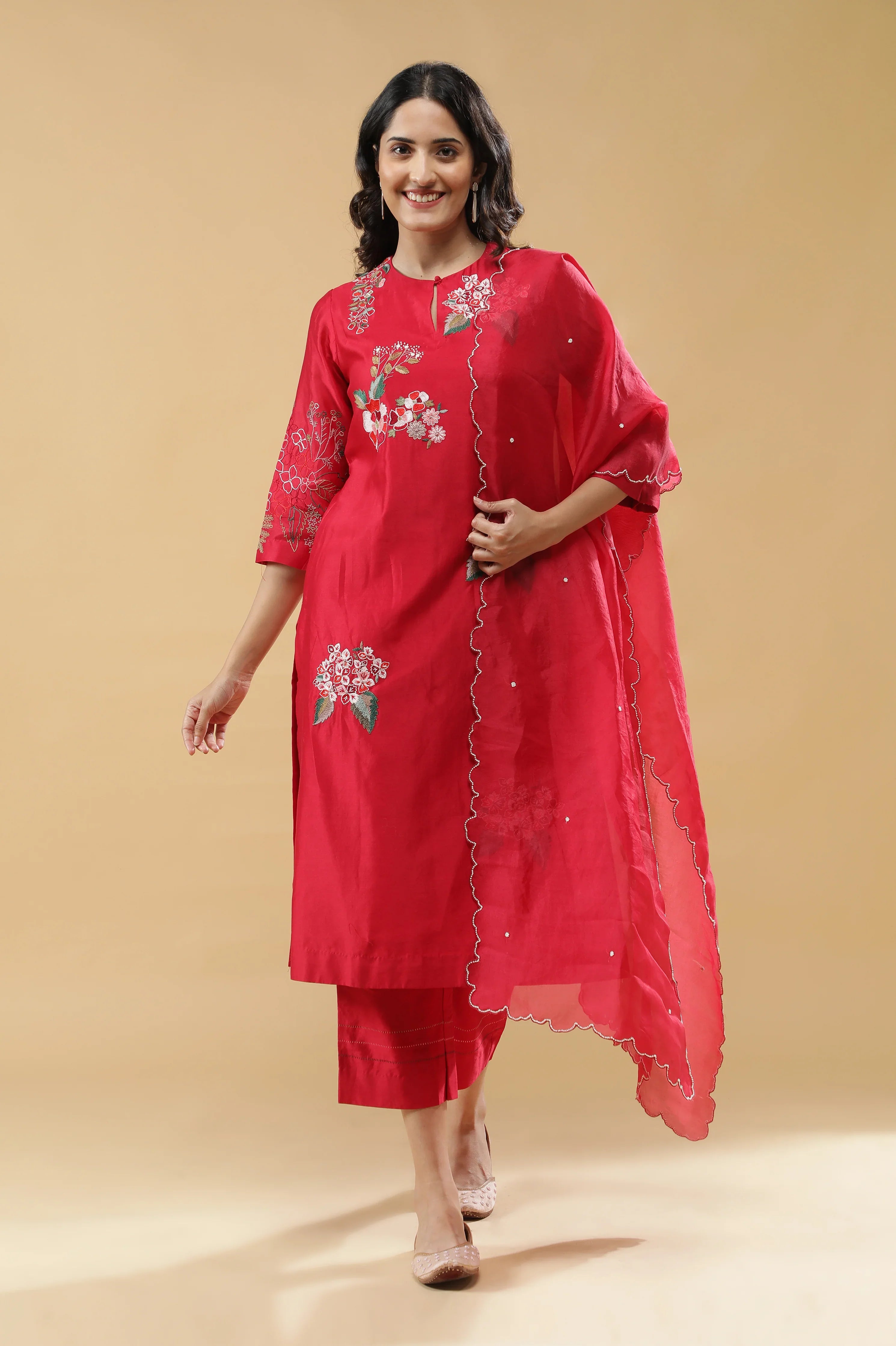 Cherry Red Cotton Floral Embroidered Salwar Set - Mokshaa