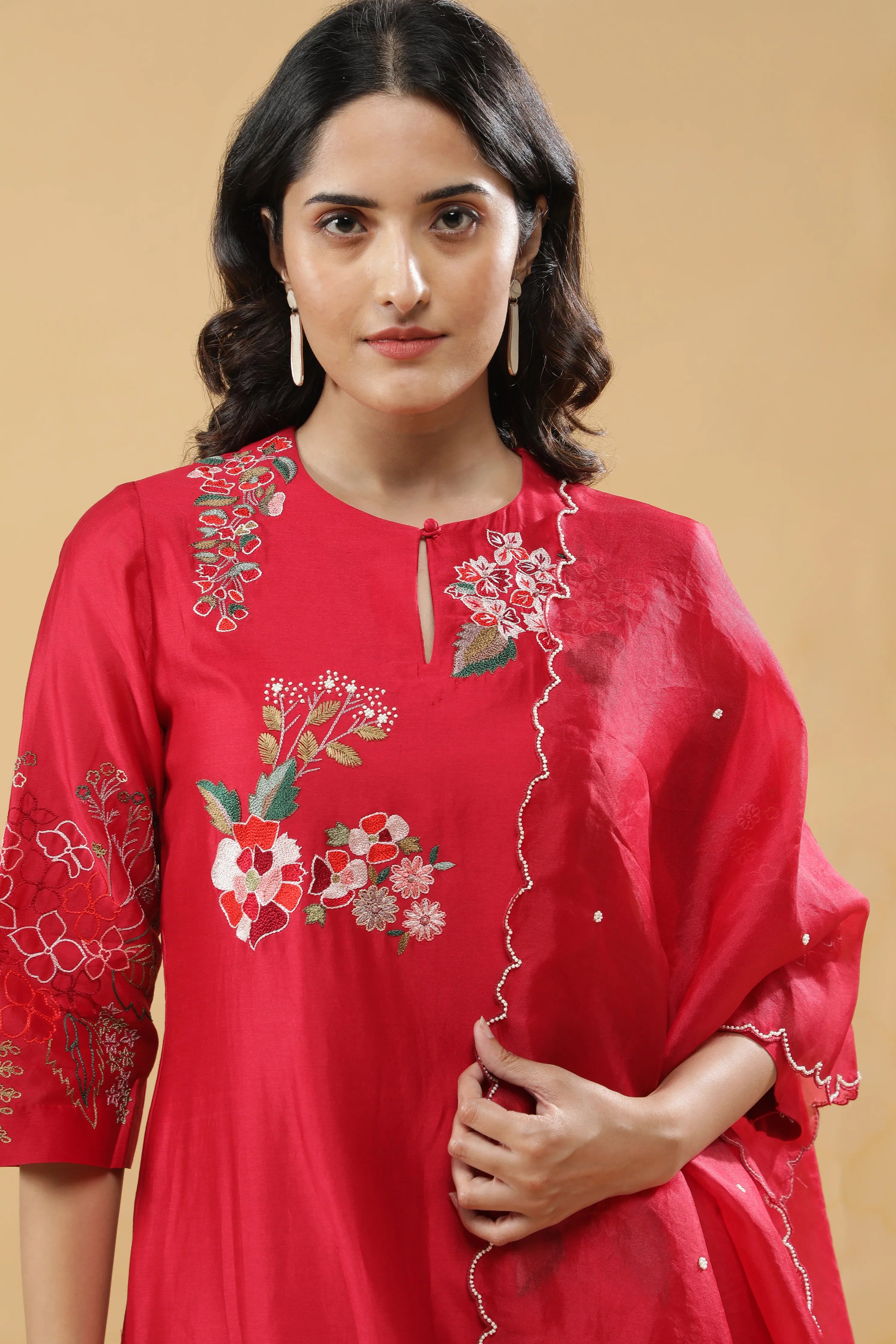 Cherry Red Cotton Floral Embroidered Salwar Set - Mokshaa