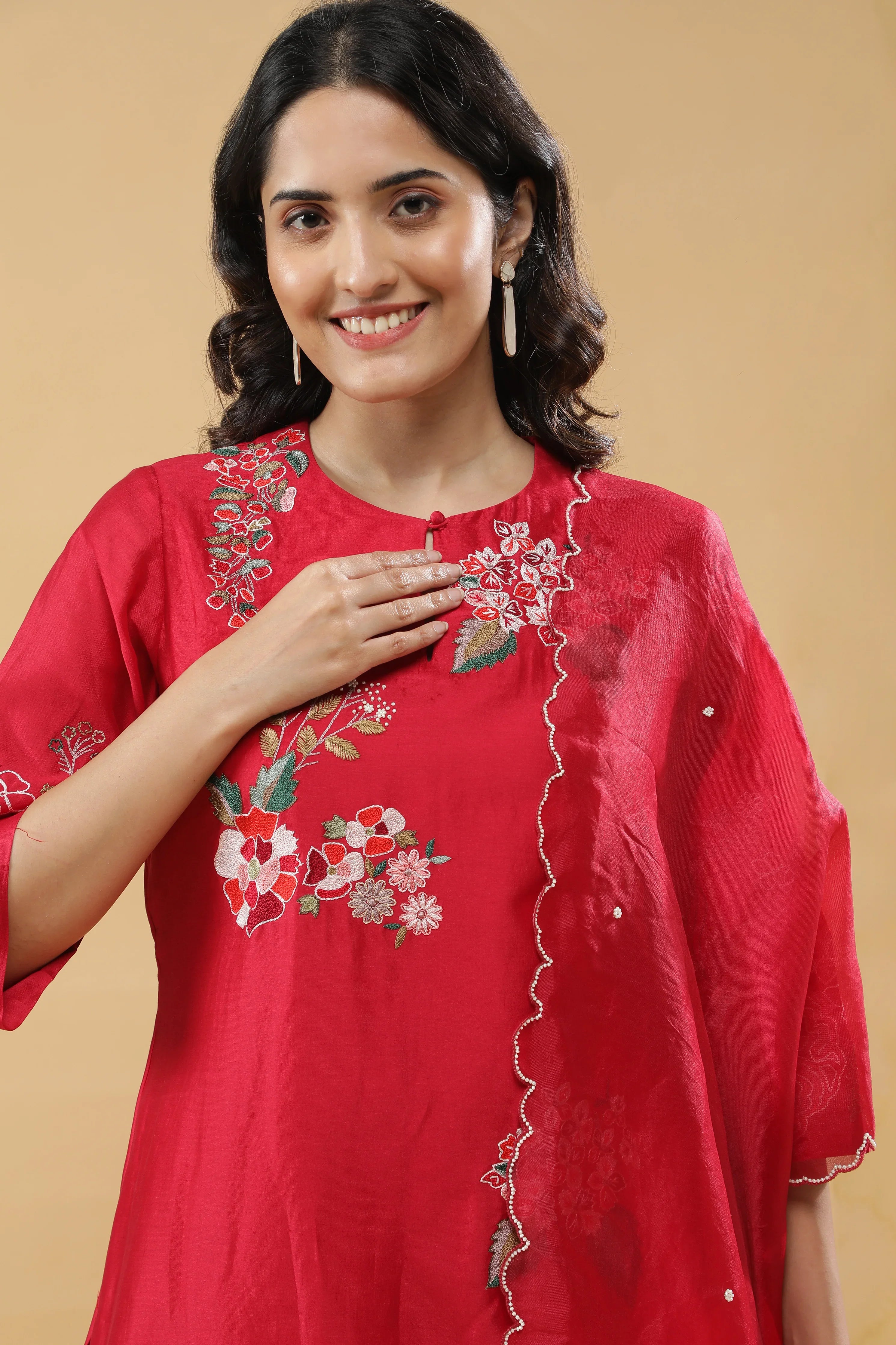 Cherry Red Cotton Floral Embroidered Salwar Set - Mokshaa