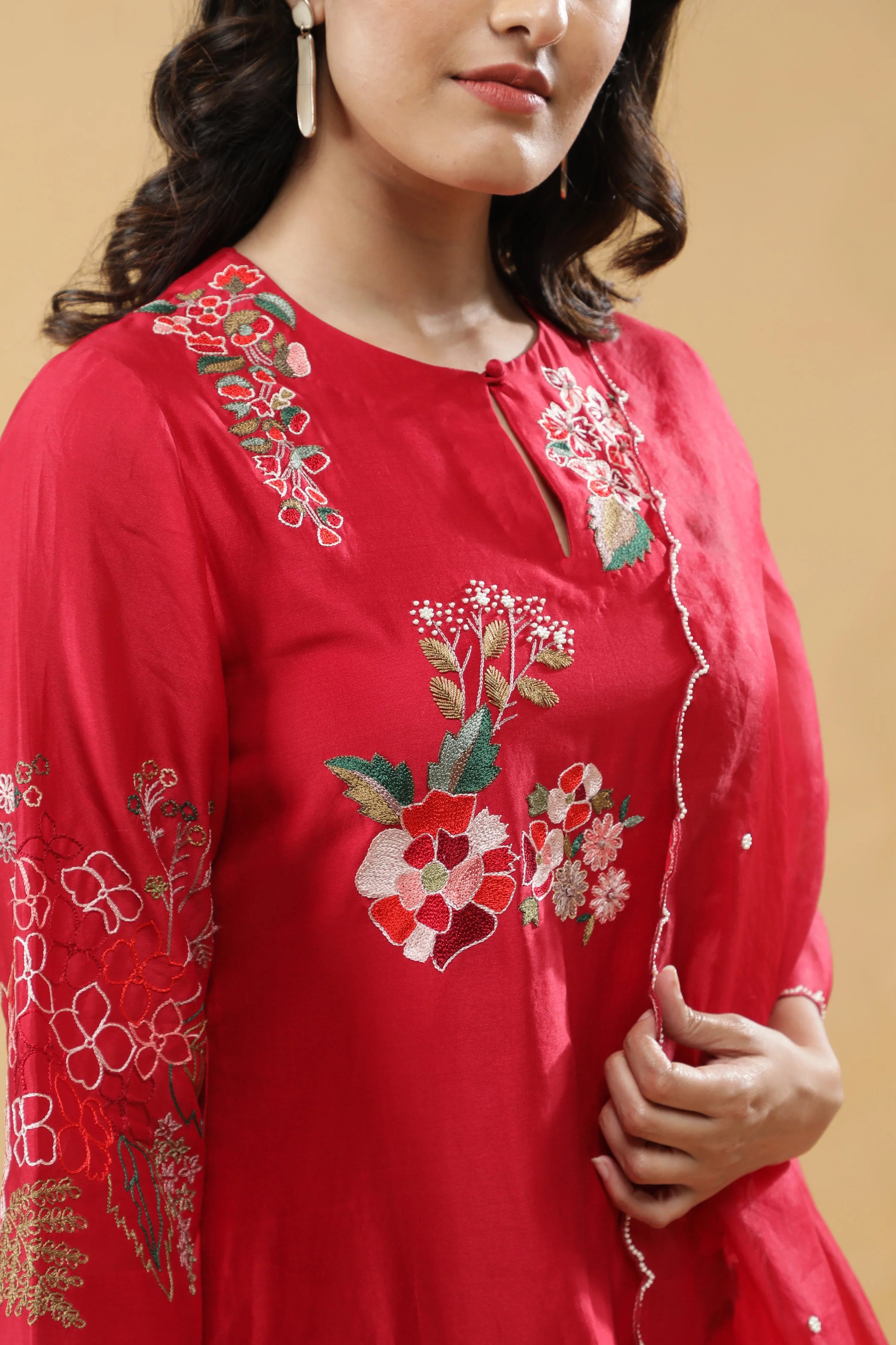Cherry Red Cotton Floral Embroidered Salwar Set - Mokshaa