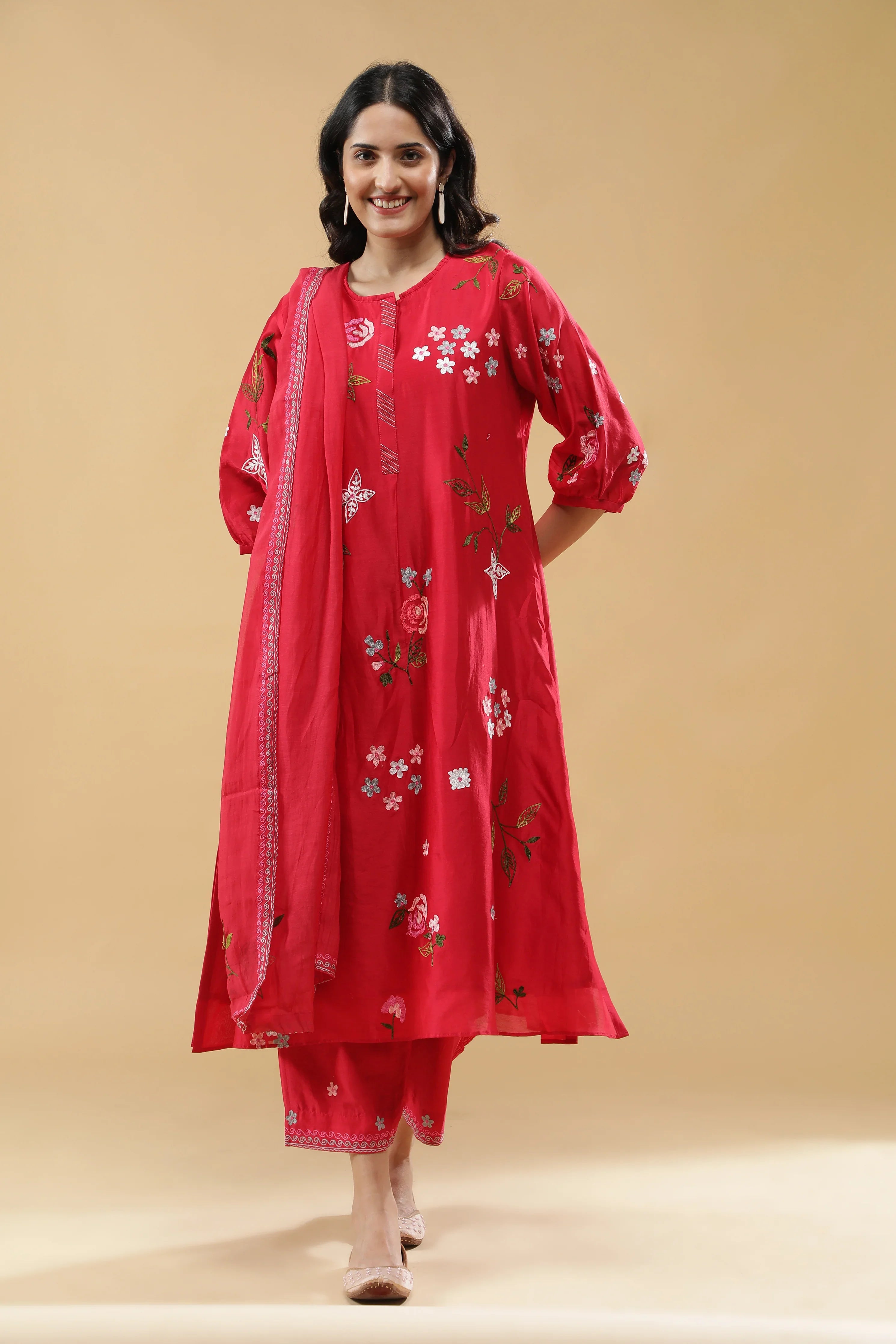 Crimson Red A-Line Cotton Suit Set - Mokshaa