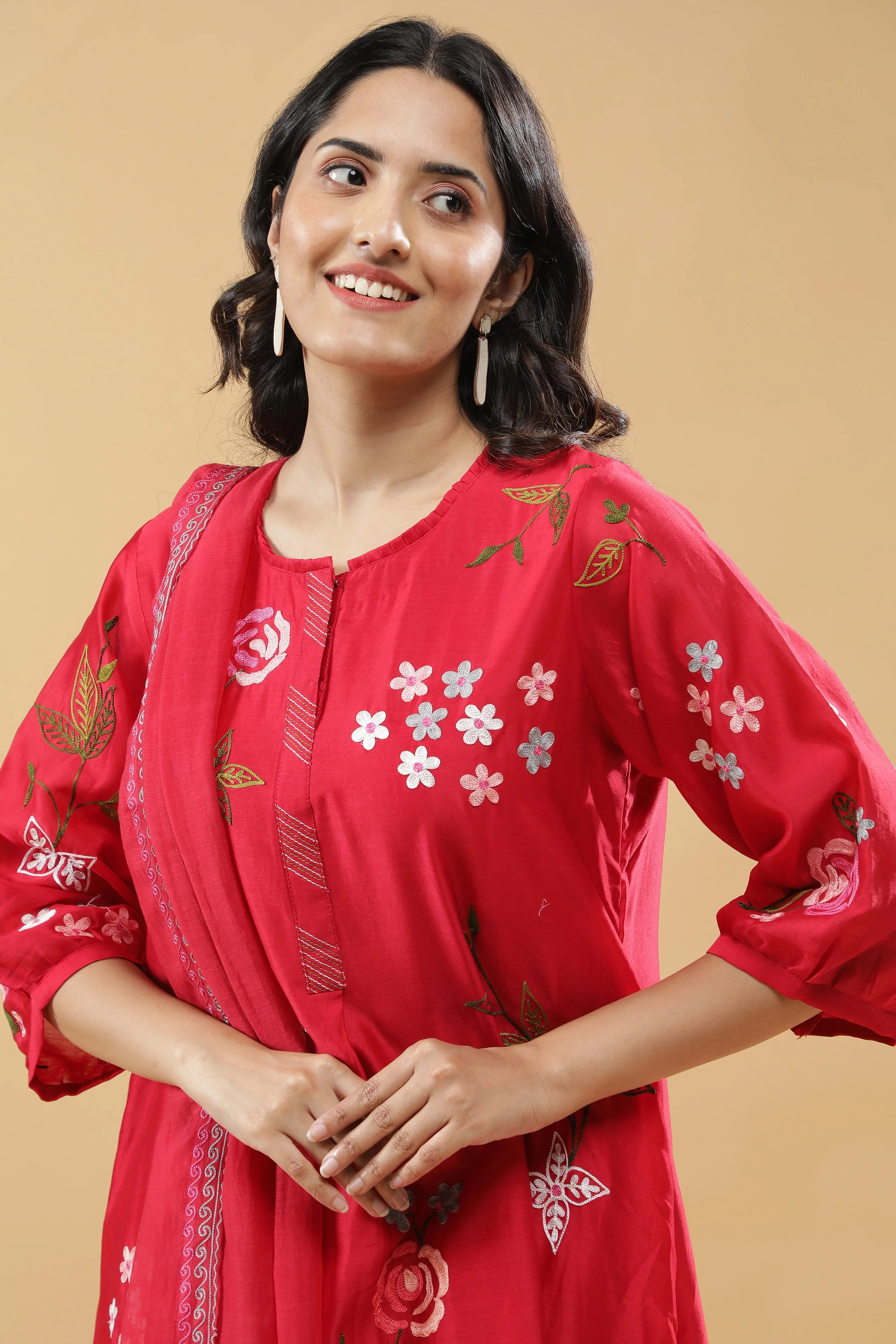 Crimson Red A-Line Cotton Suit Set - Mokshaa