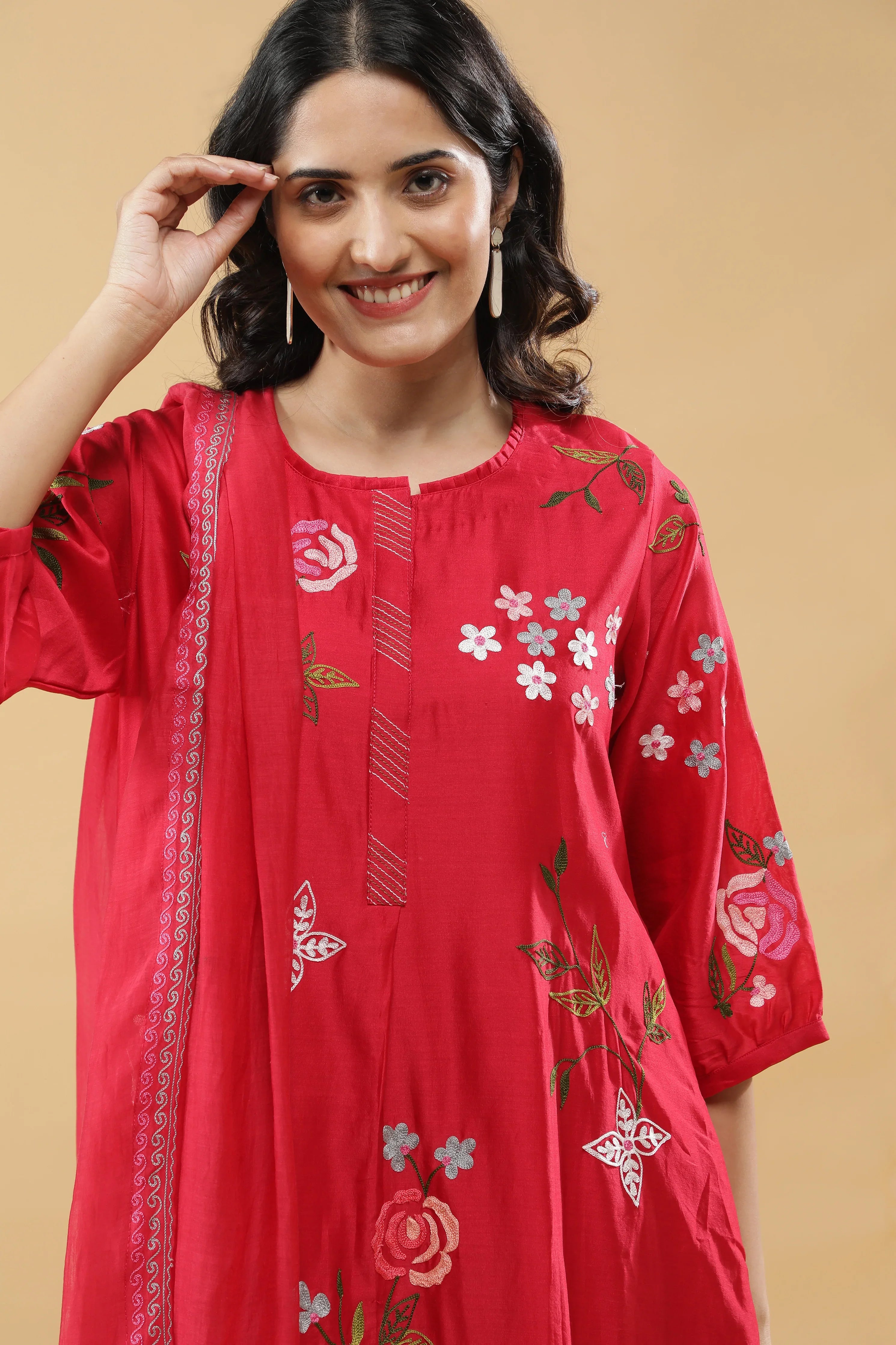 Crimson Red A-Line Cotton Suit Set - Mokshaa