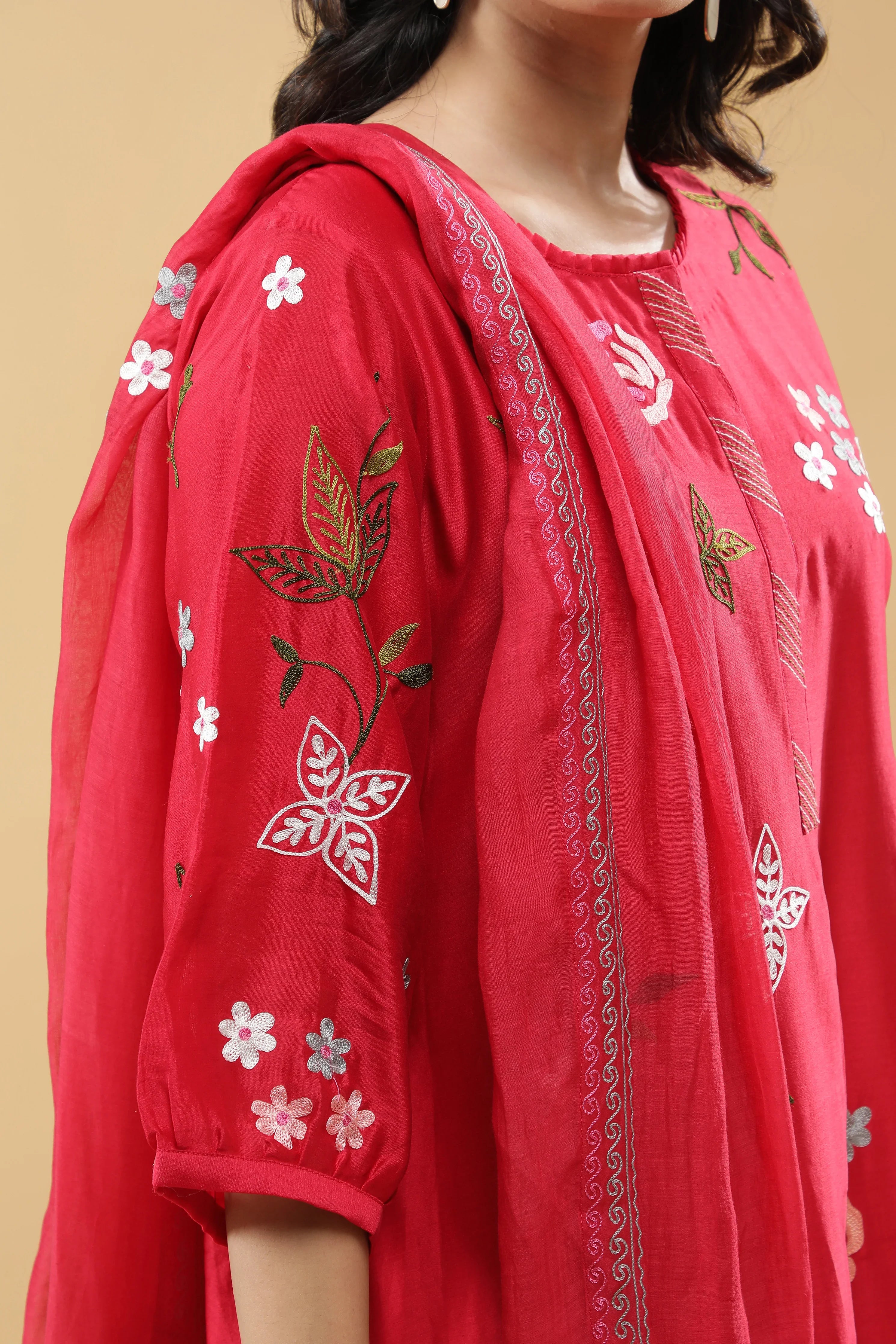 Crimson Red A-Line Cotton Suit Set - Mokshaa